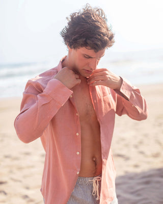 Playa Linen Button-Down Shirt - Sustainable French Linen / Faded Pink Watermelon