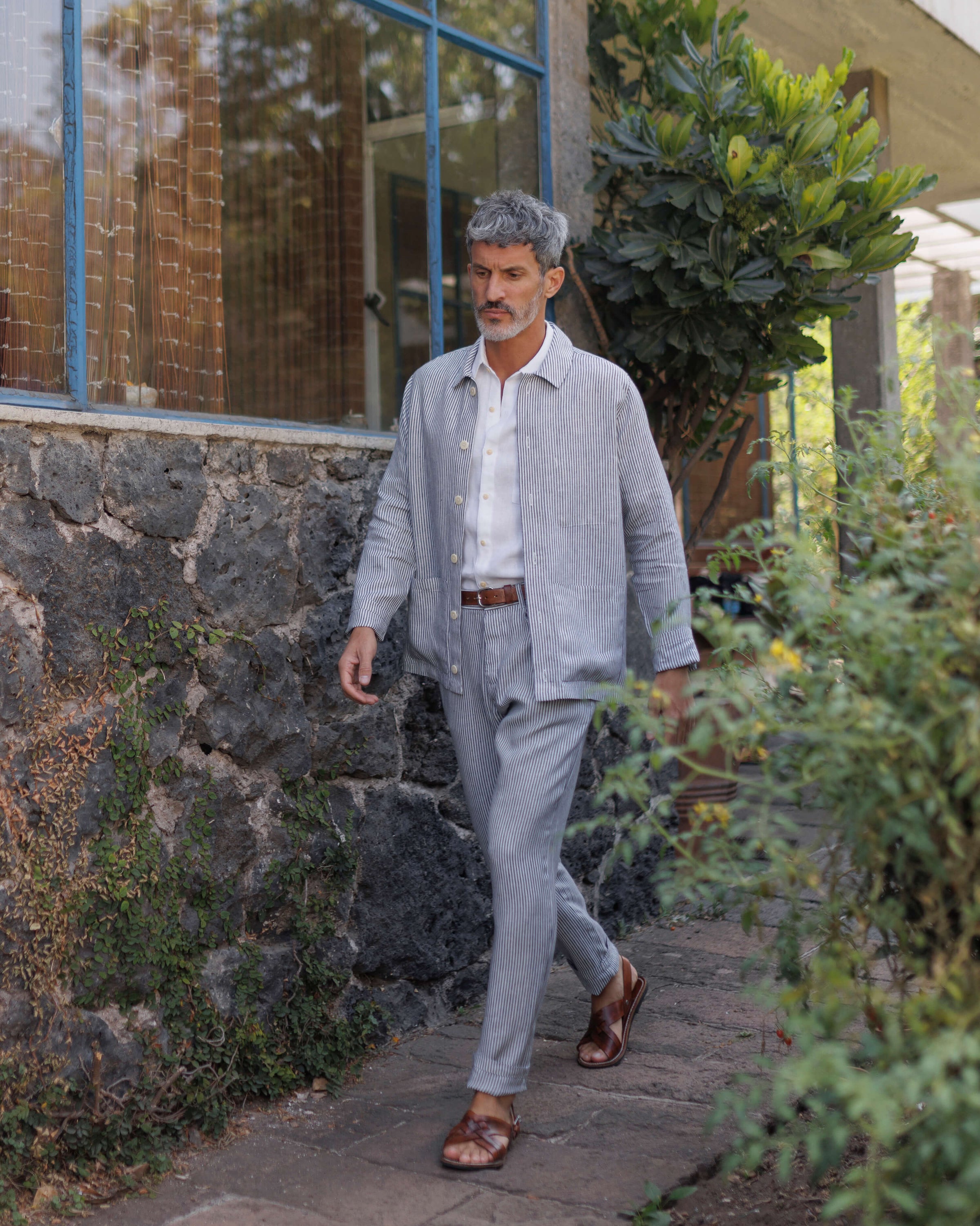Cham Linen Pants - Sustainable French Linen / Blue and White Stripe Lines