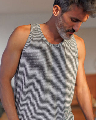 Tank Knit Linen Tank Top - Sustainable French Linen / Blue and White Stripe Lines