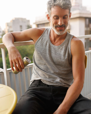 Tank Knit Linen Tank Top - Sustainable French Linen / Blue and White Stripe Lines