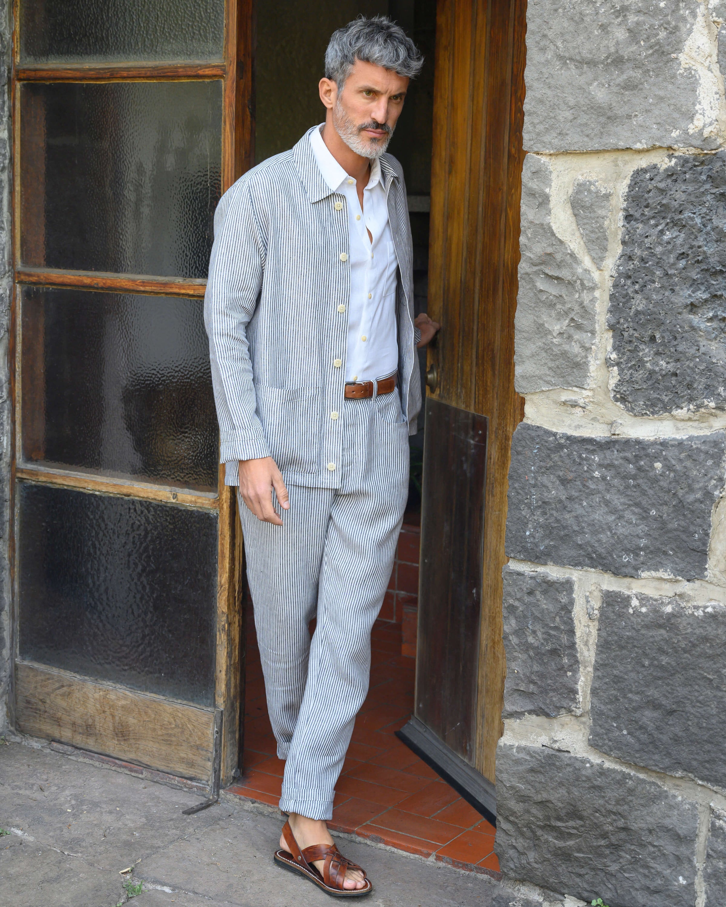 Cham Linen Pants - Sustainable French Linen / Blue and White Stripe Lines