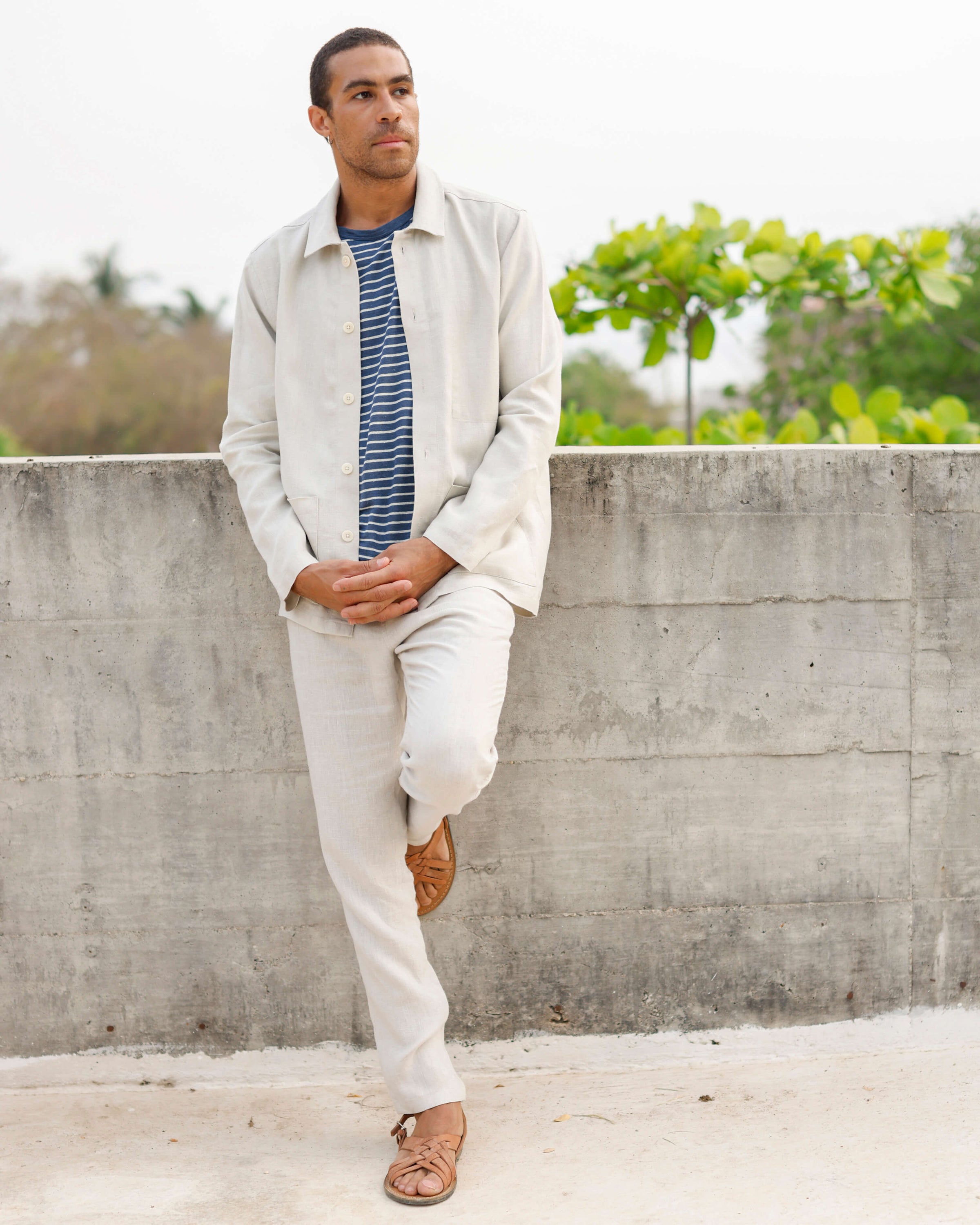 Sun Knit Linen T-Shirt - Sustainable French Linen / Blue and White Stripe Sail