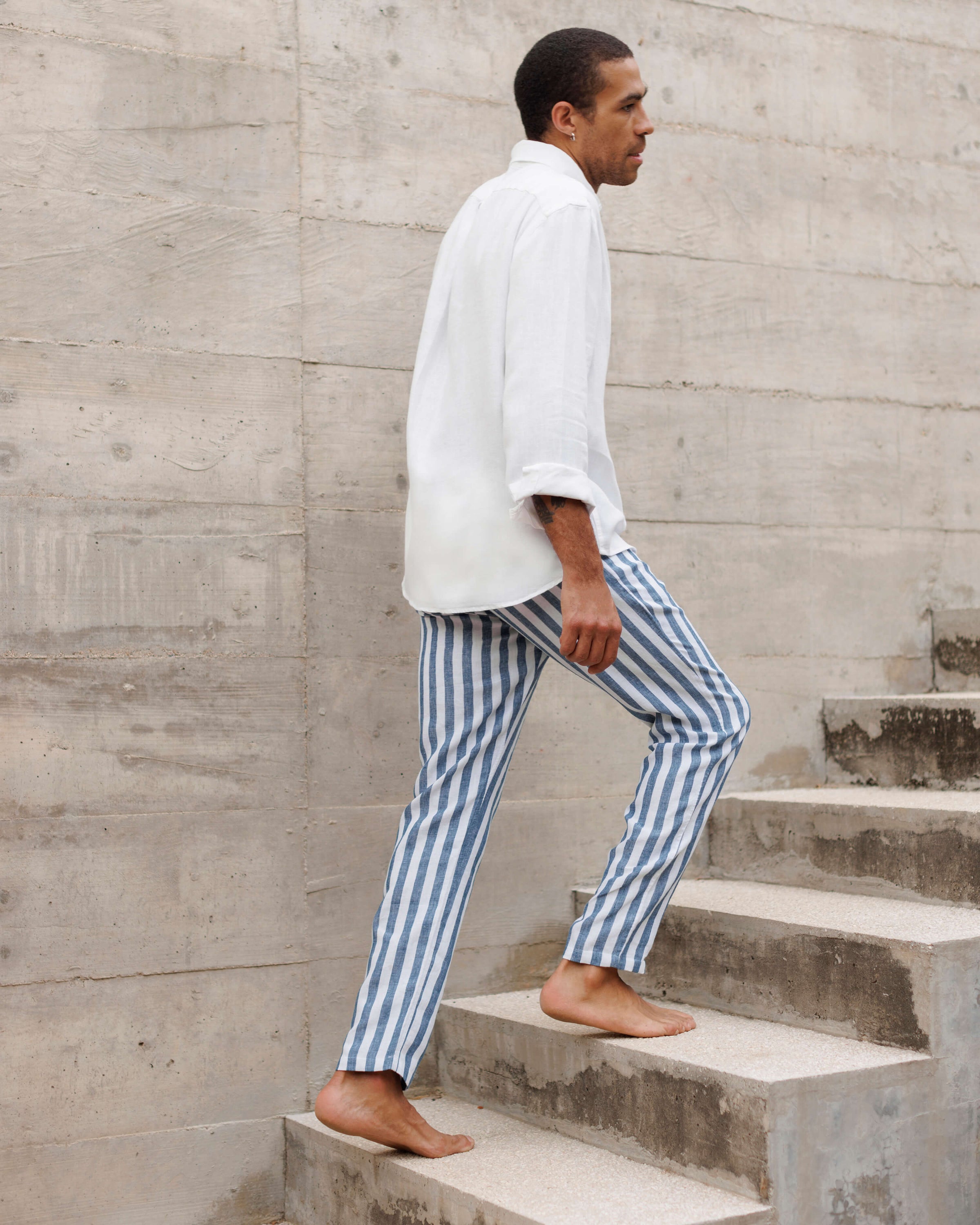Bo Linen Drawstring Pants - Sustainable French Linen / Blue and White Thick Stripe Big Wave