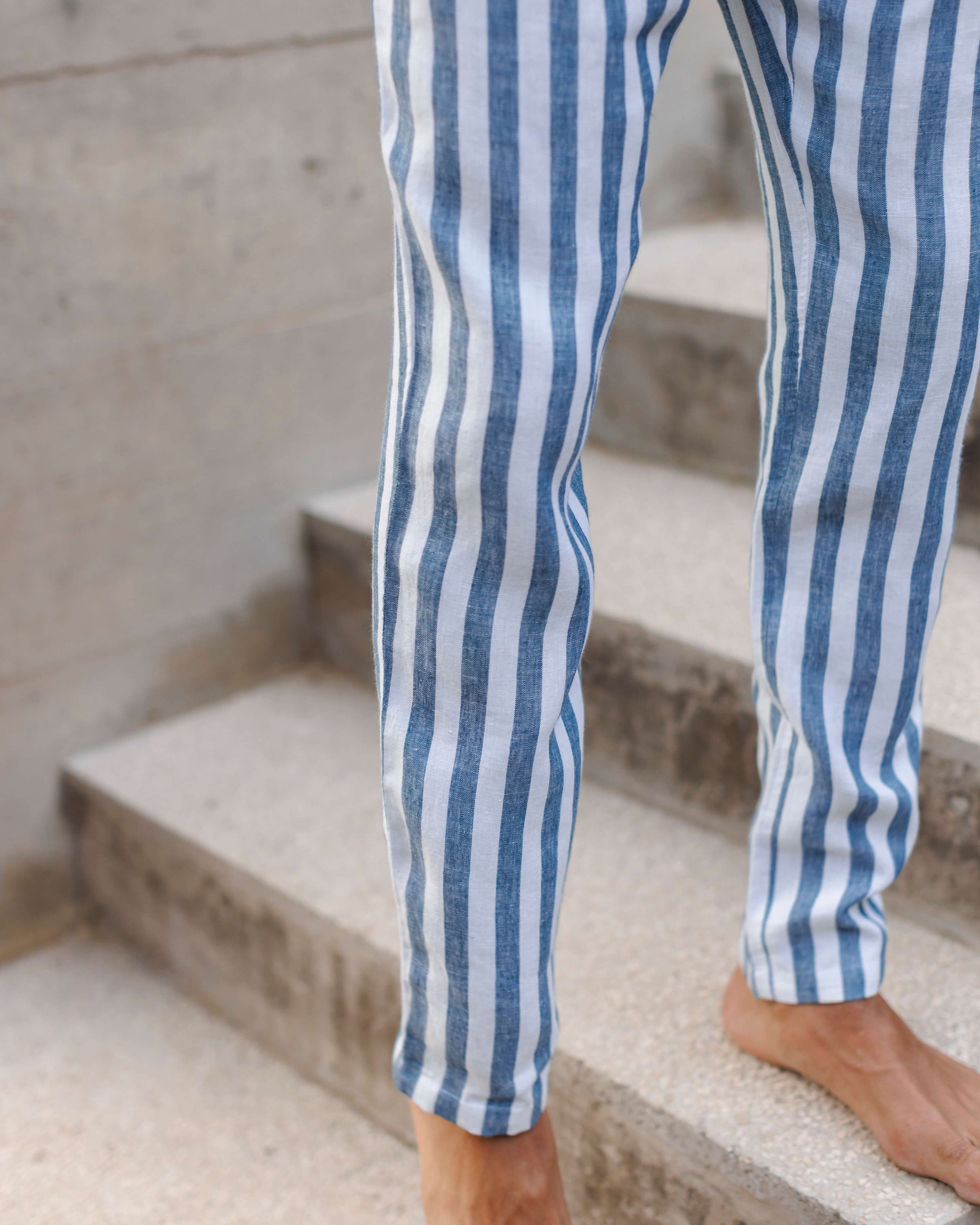 Bo Linen Drawstring Pants - Sustainable French Linen / Blue and White Thick Stripe Big Wave