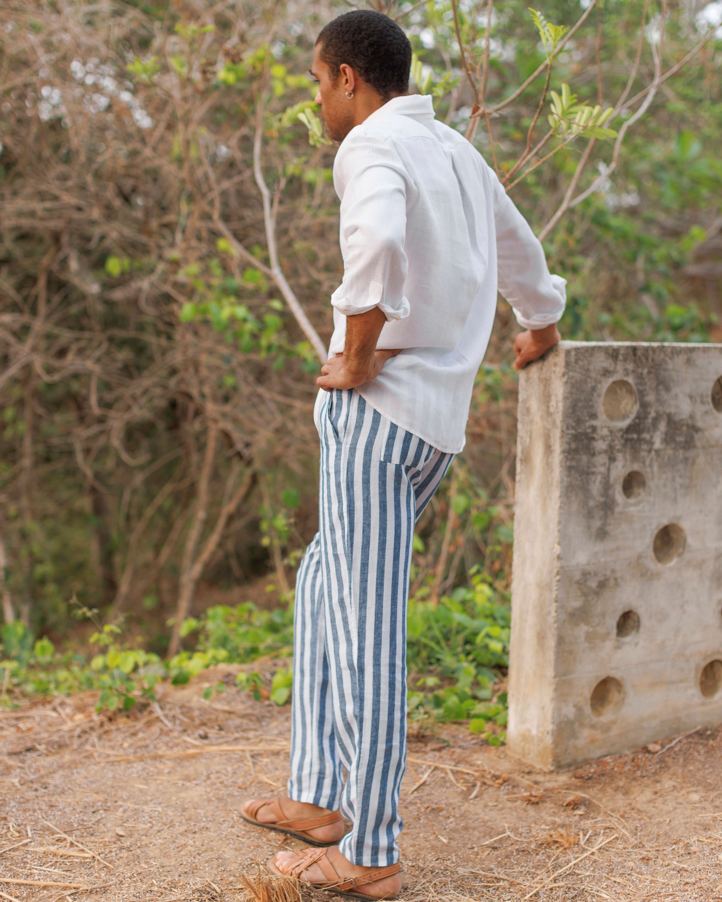 Bo Linen Drawstring Pants - Sustainable French Linen / Blue and White Thick Stripe Big Wave