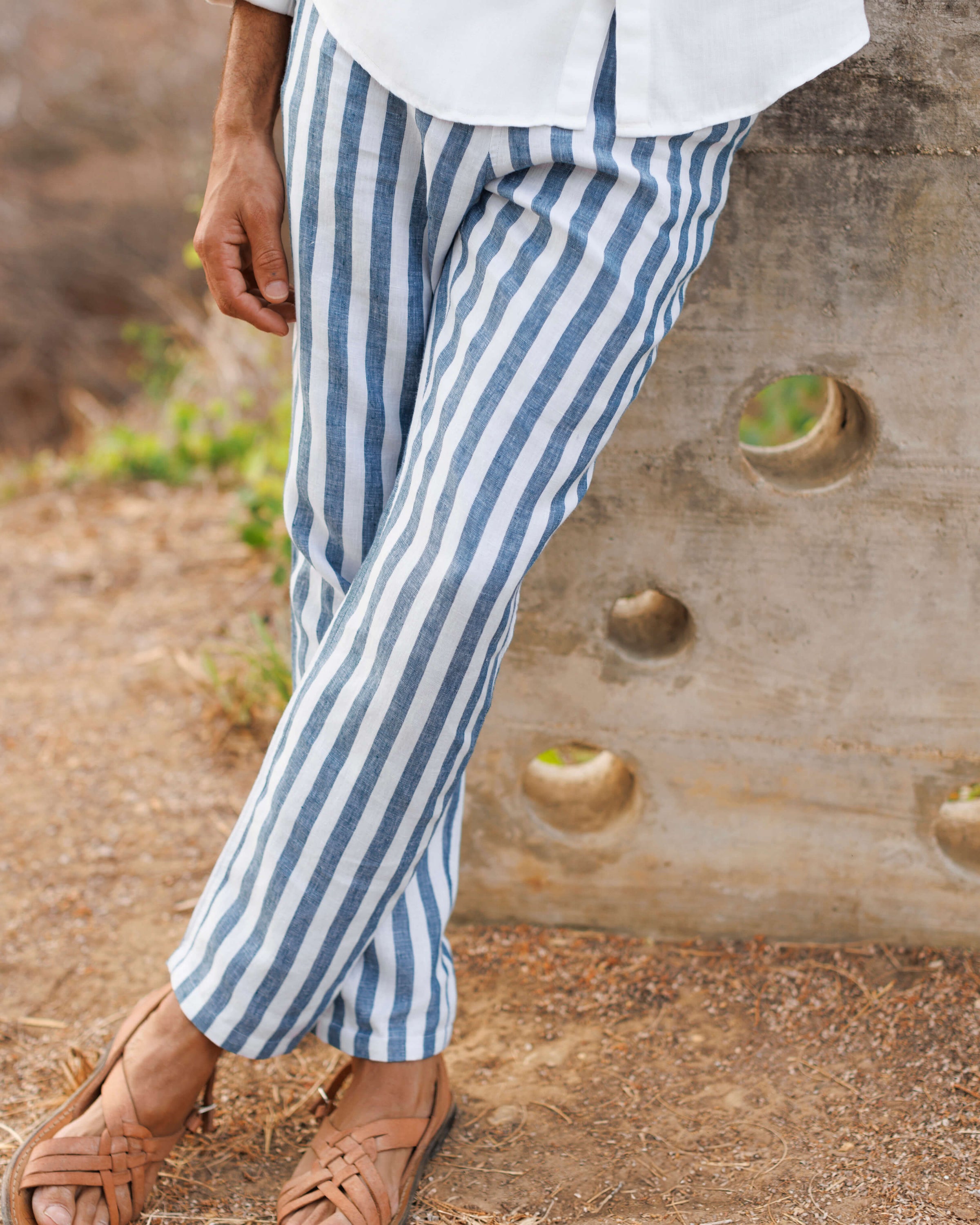 Bo Linen Drawstring Pants - Sustainable French Linen / Blue and White Thick Stripe Big Wave