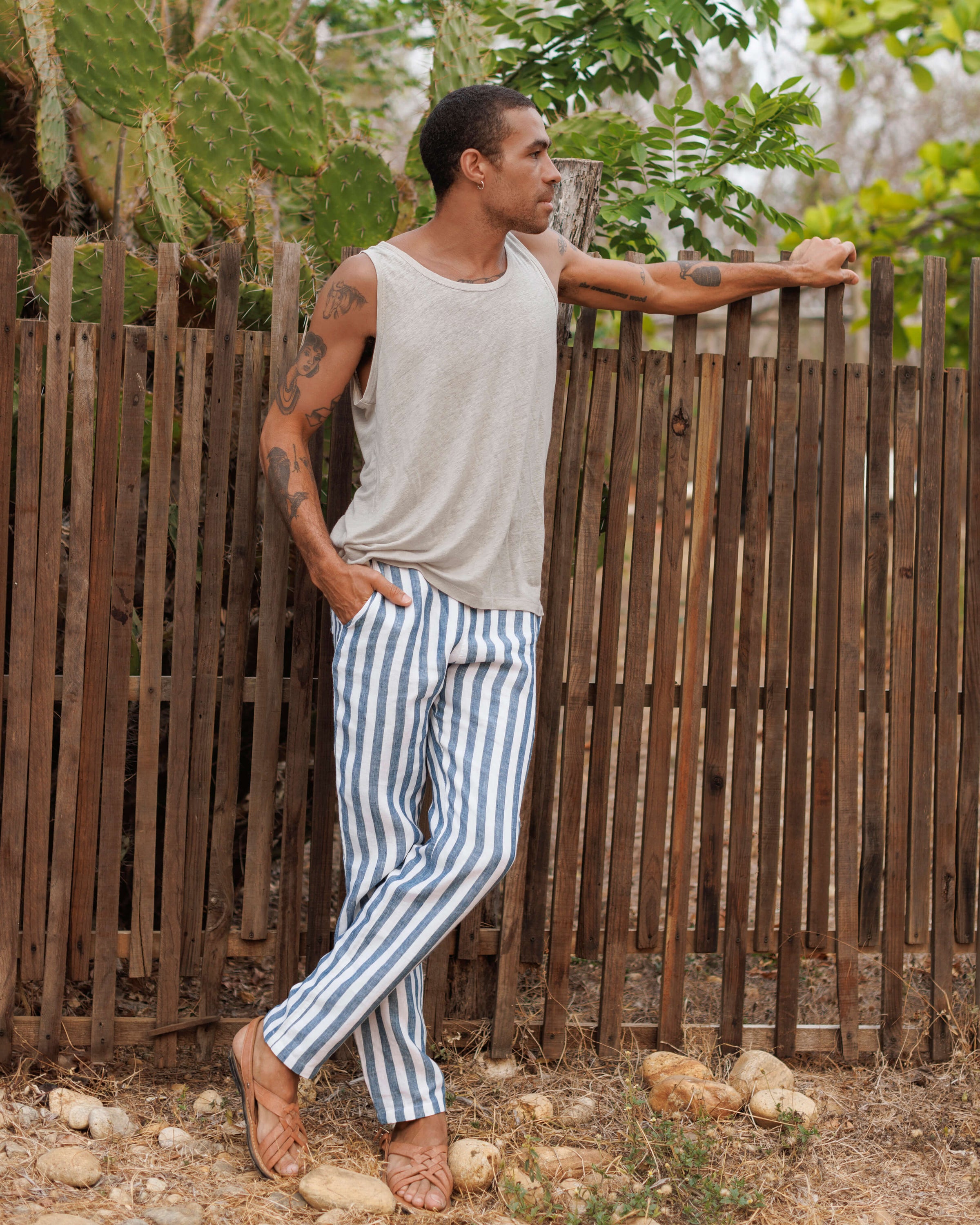 Bo Linen Drawstring Pants - Sustainable French Linen / Blue and White Thick Stripe Big Wave