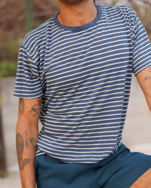 Sun Knit Linen T-Shirt - Sustainable French Linen / Blue and White Stripe Sail