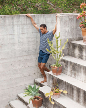 Sun Knit Linen T-Shirt - Sustainable French Linen / Blue and White Stripe Sail