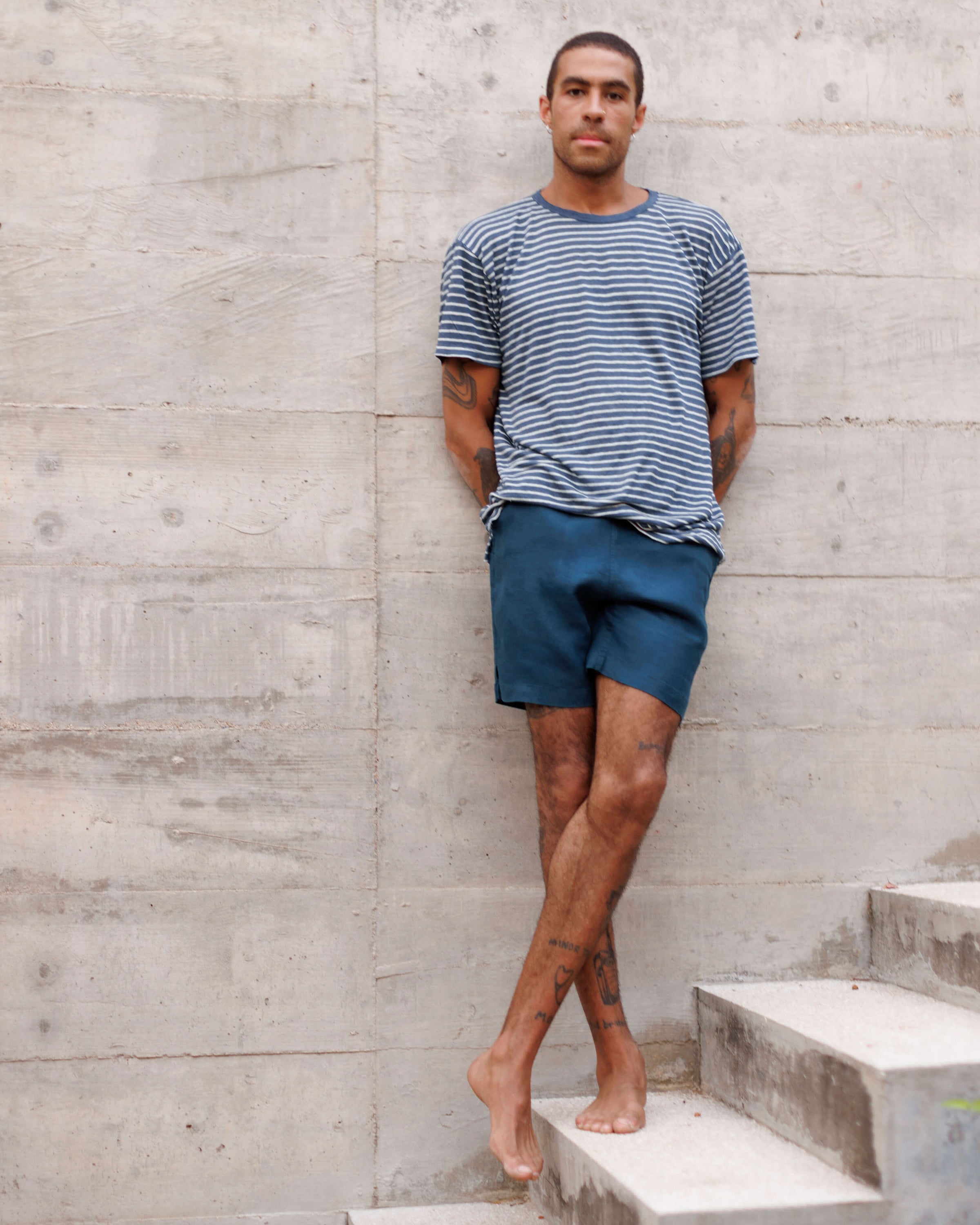 Sun Knit Linen T-Shirt - Sustainable French Linen / Blue and White Stripe Sail