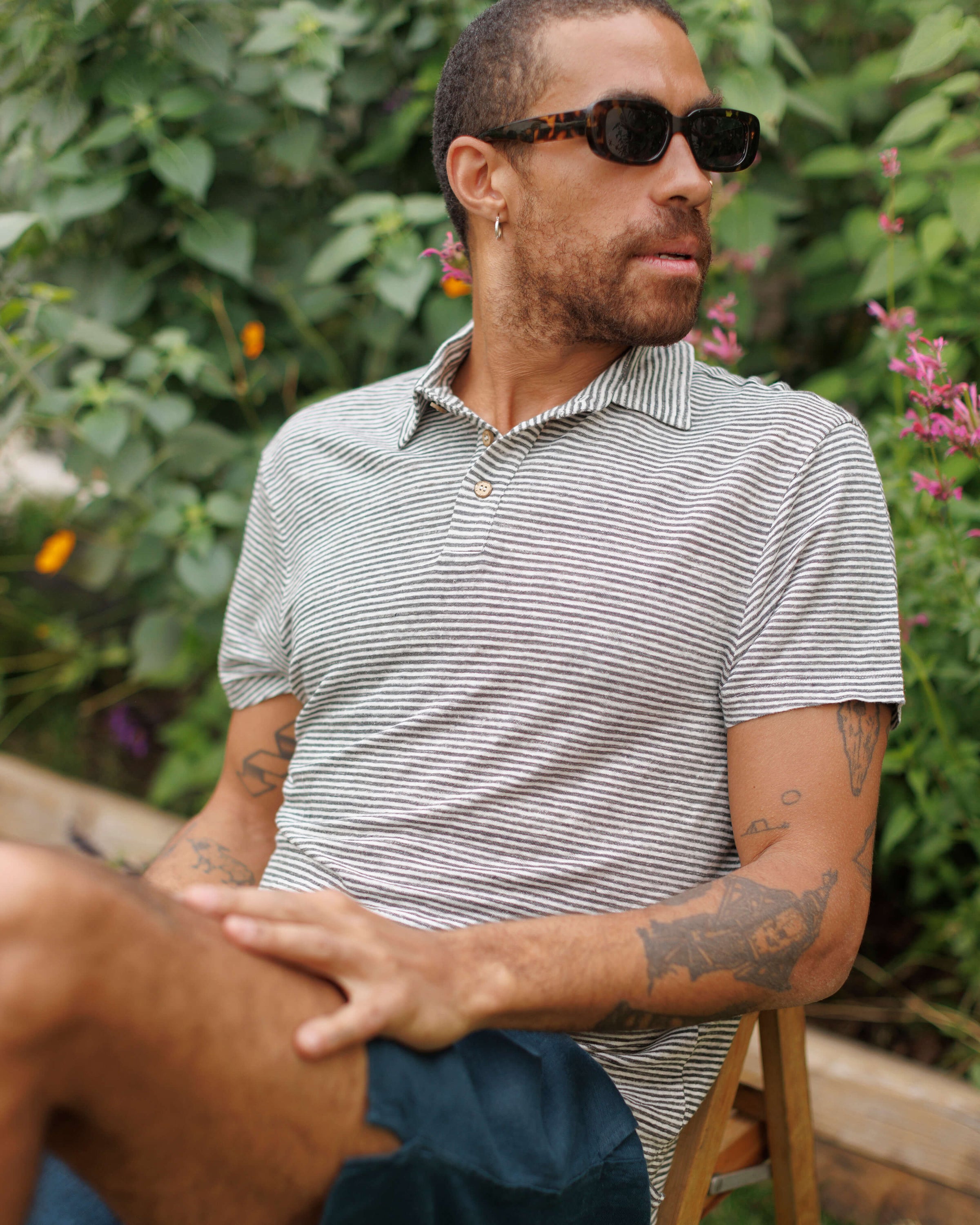 Knit Polo Linen Short Sleeve Polo - Sustainable French Linen / Blue and White Stripe Lines