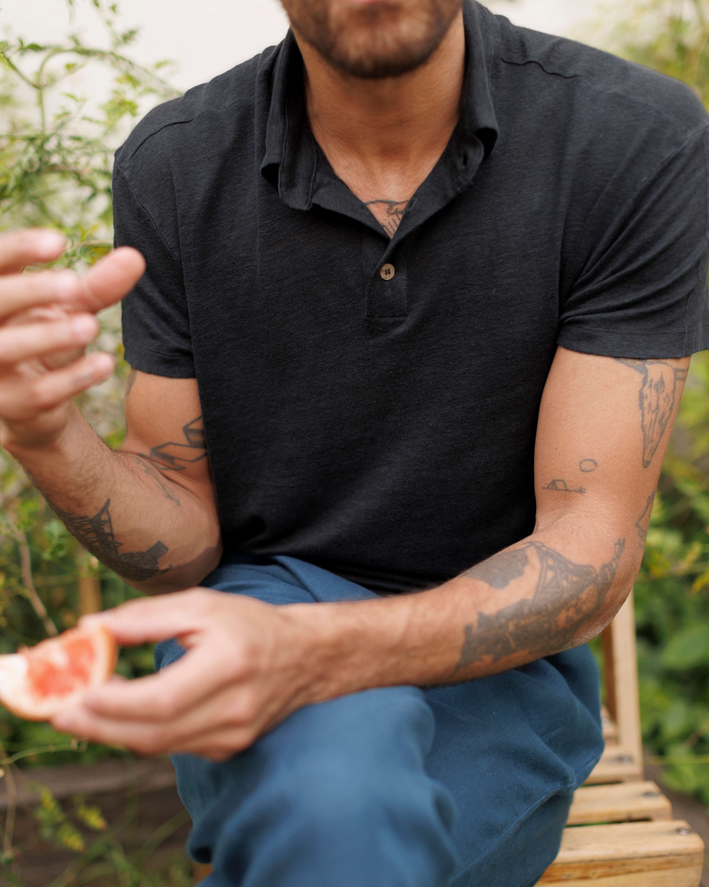 Knit Polo Linen Short Sleeve Polo - Sustainable French Linen / Black Night