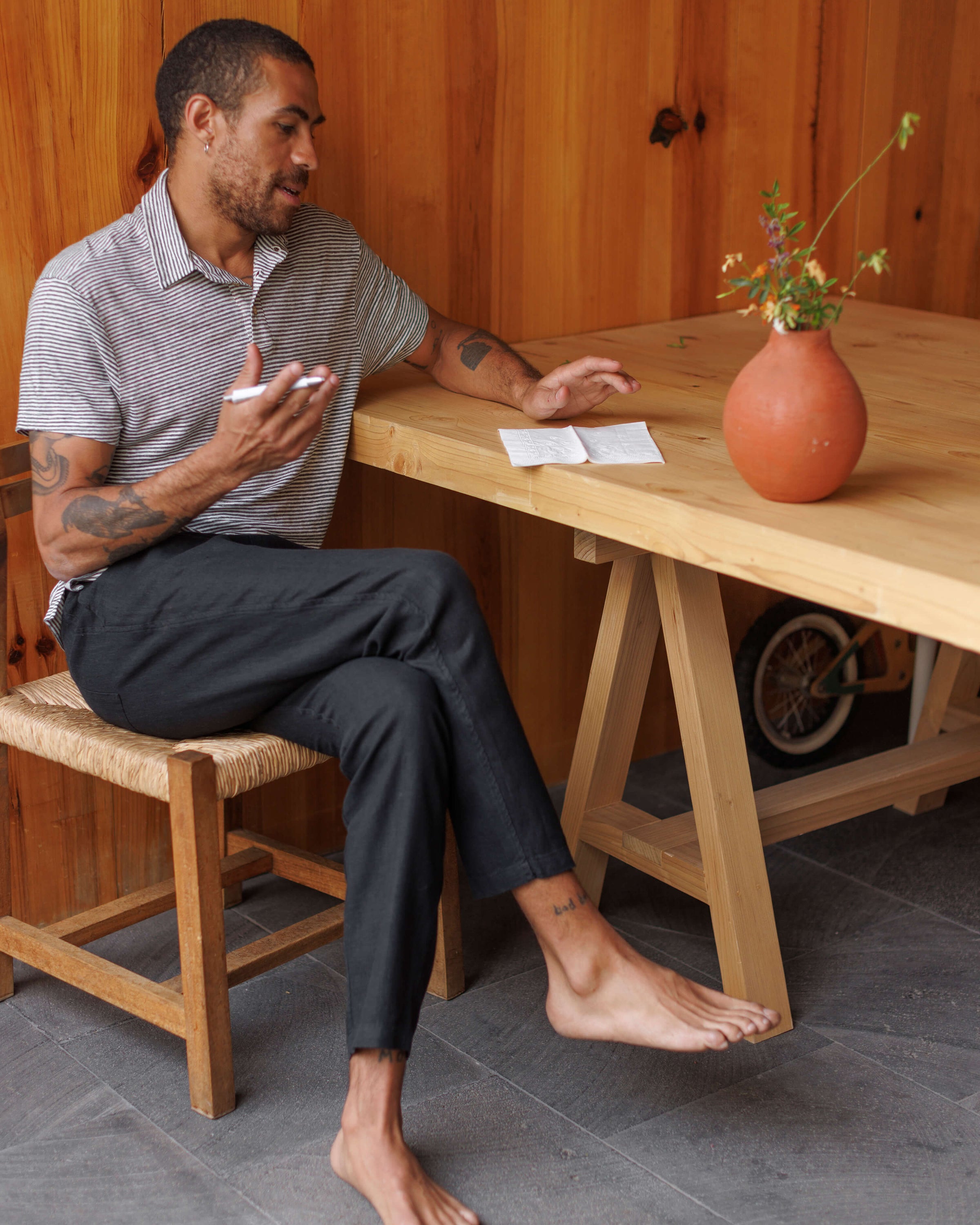 Knit Polo Linen Short Sleeve Polo - Sustainable French Linen / Blue and White Stripe Lines