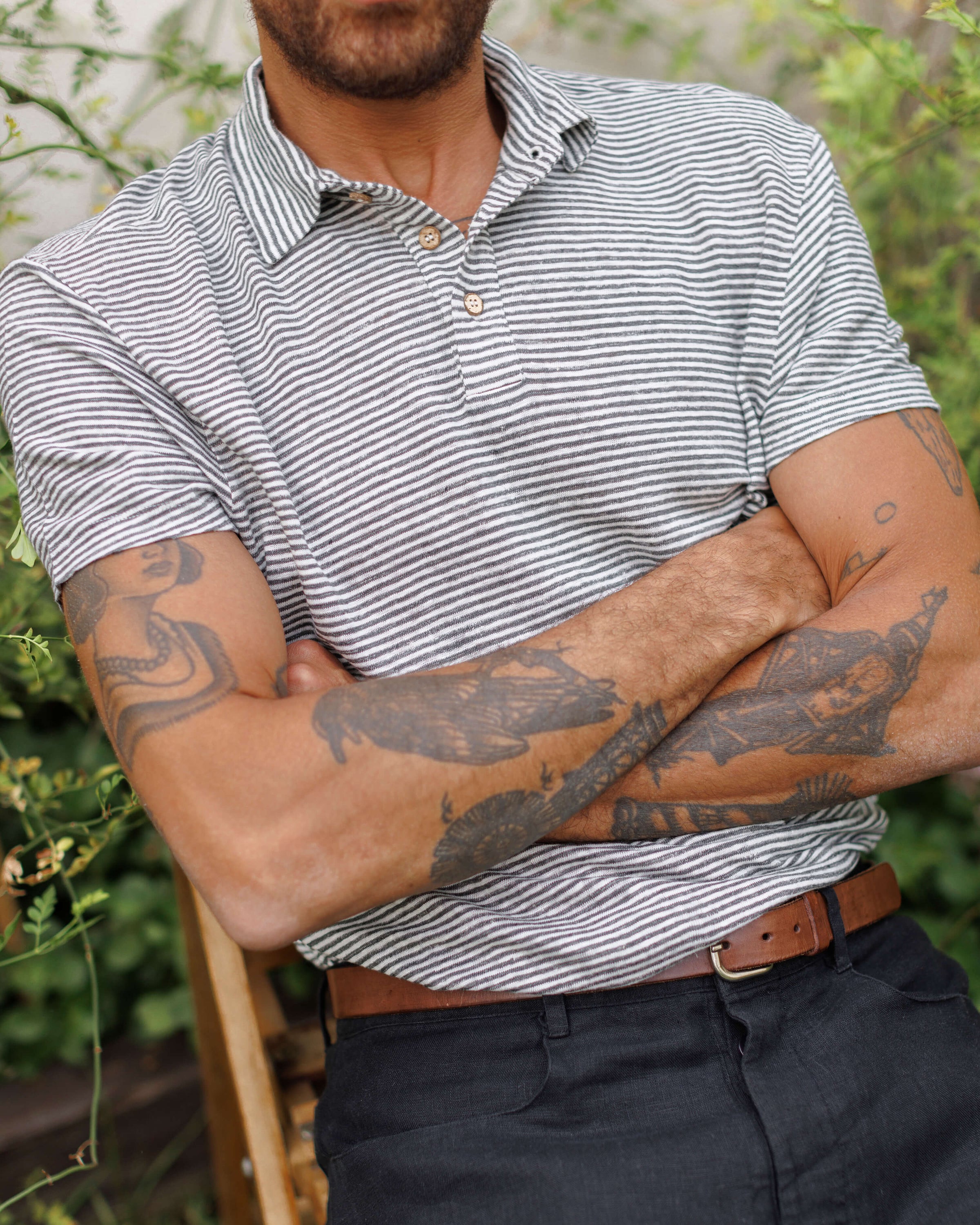 Knit Polo Linen Short Sleeve Polo - Sustainable French Linen / Blue and White Stripe Lines