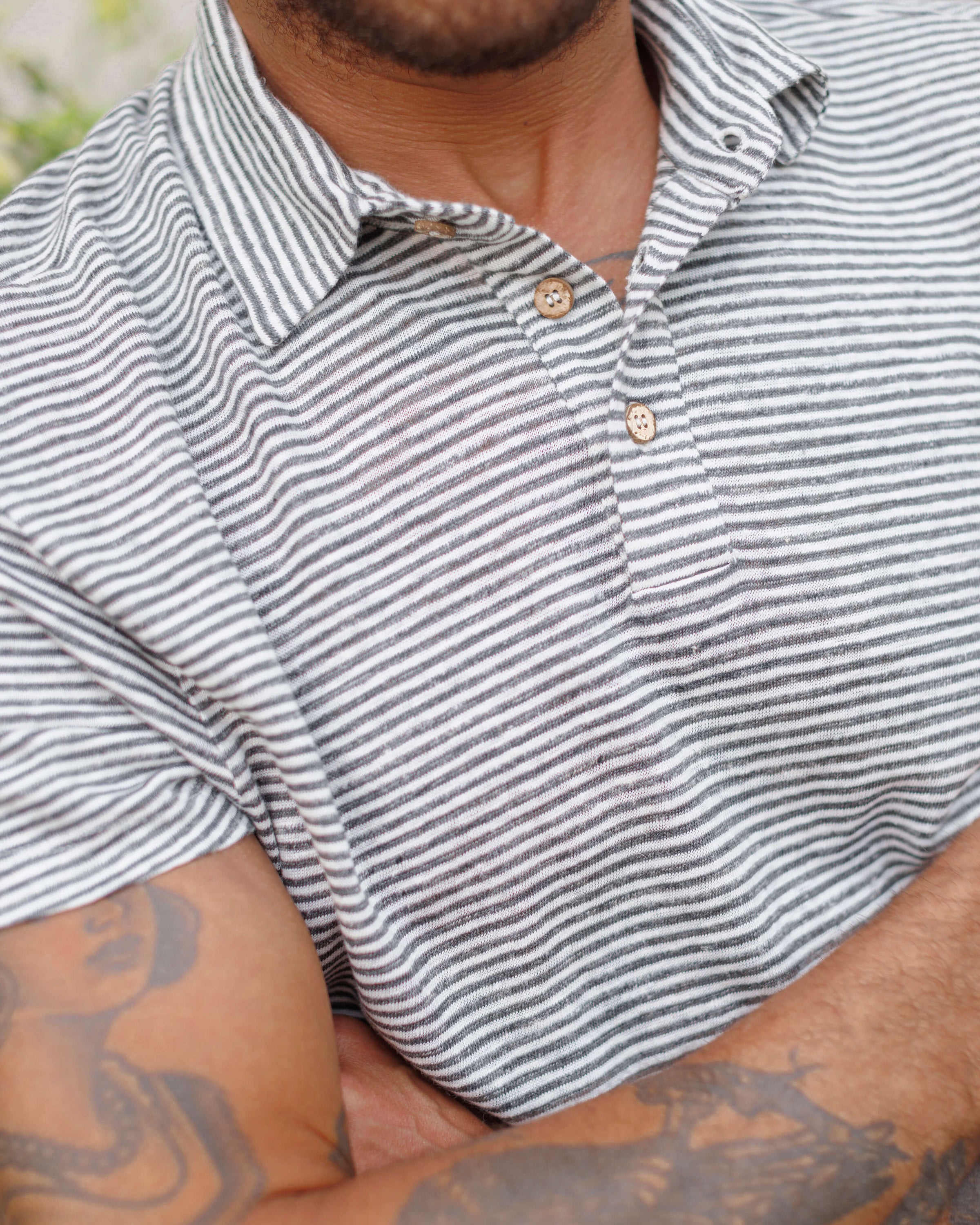 Knit Polo Linen Short Sleeve Polo - Sustainable French Linen / Blue and White Stripe Lines