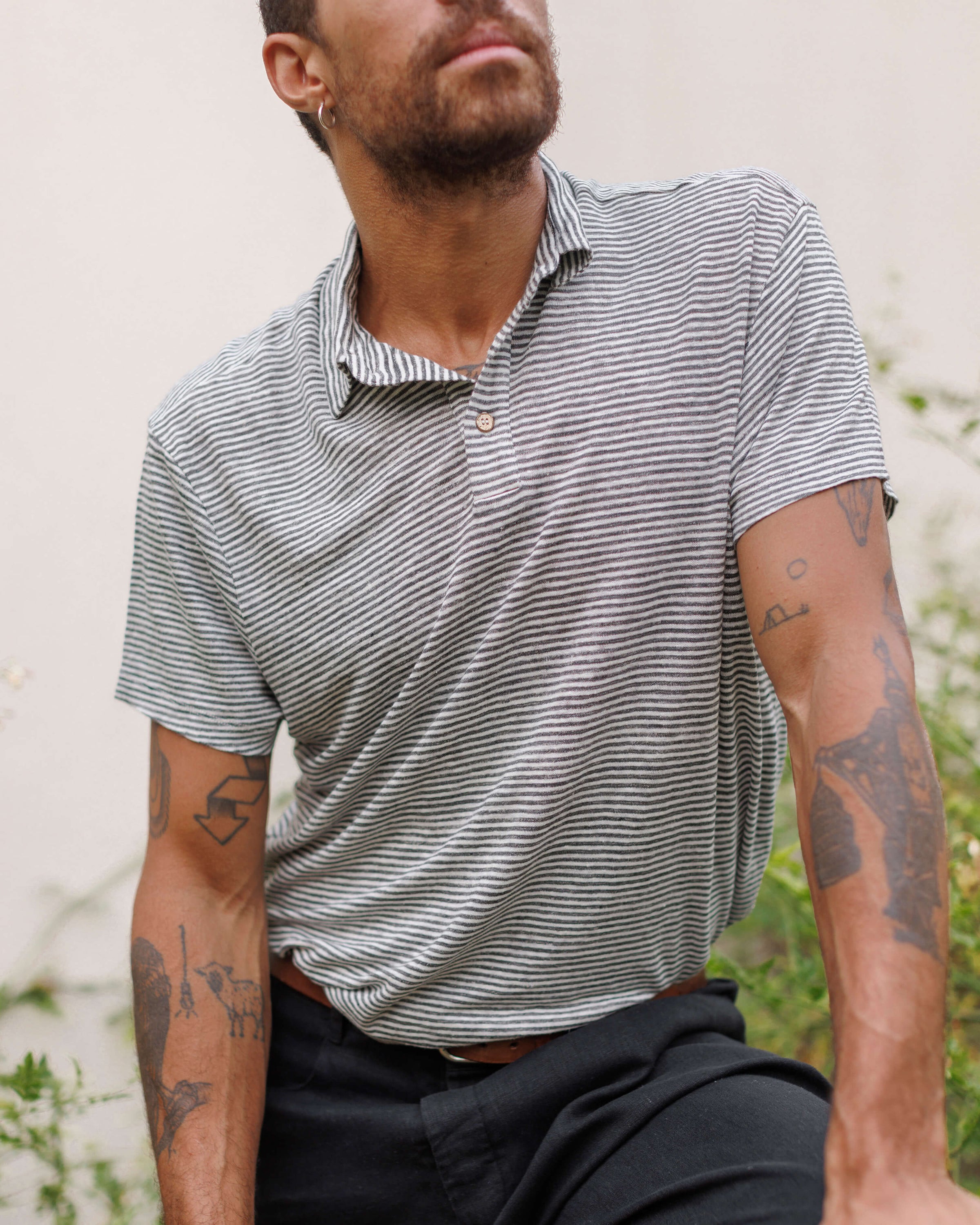 Knit Polo Linen Short Sleeve Polo - Sustainable French Linen / Blue and White Stripe Lines