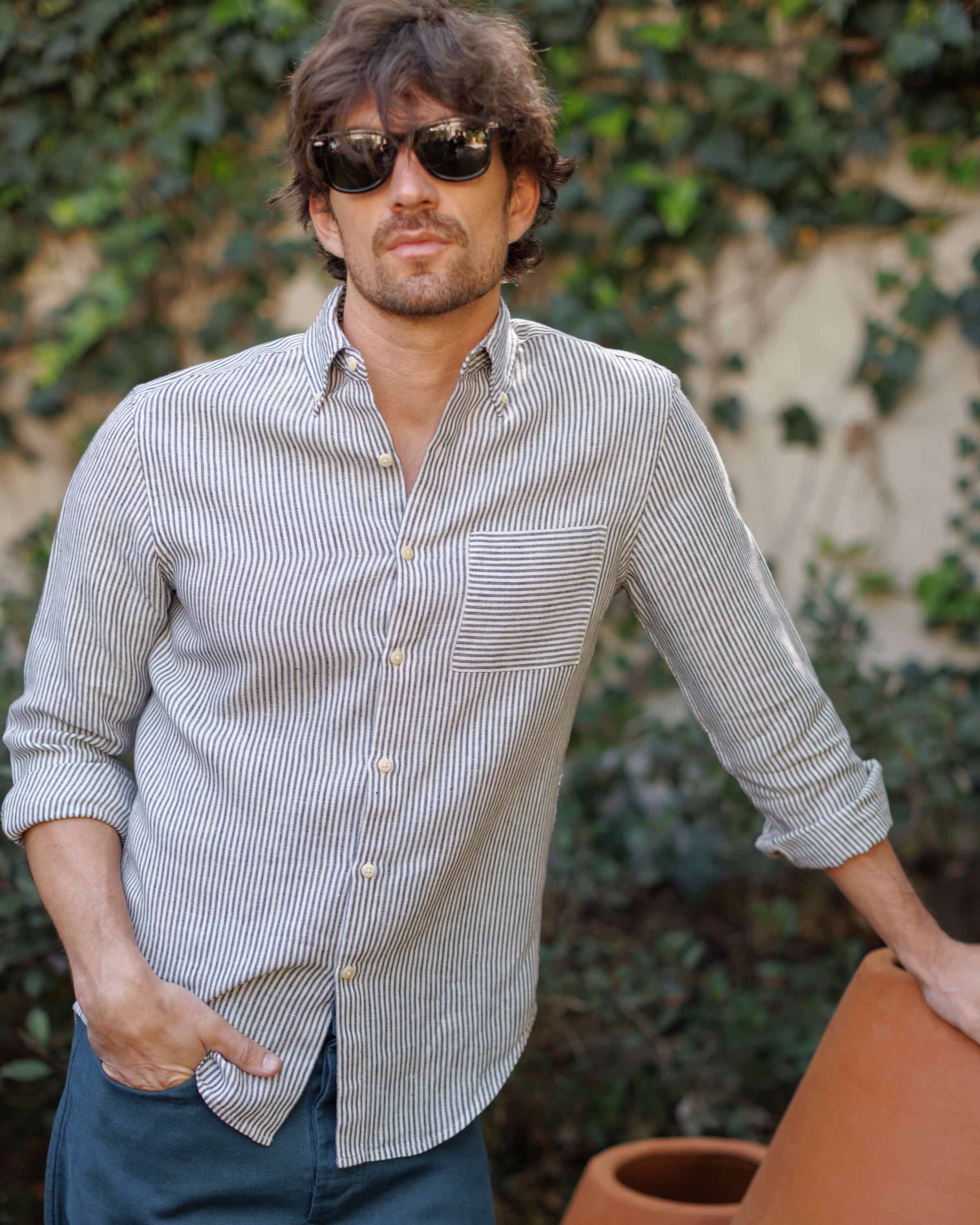 Playa Linen Button-Down Shirt - Sustainable French Linen / Blue and White Stripe Lines