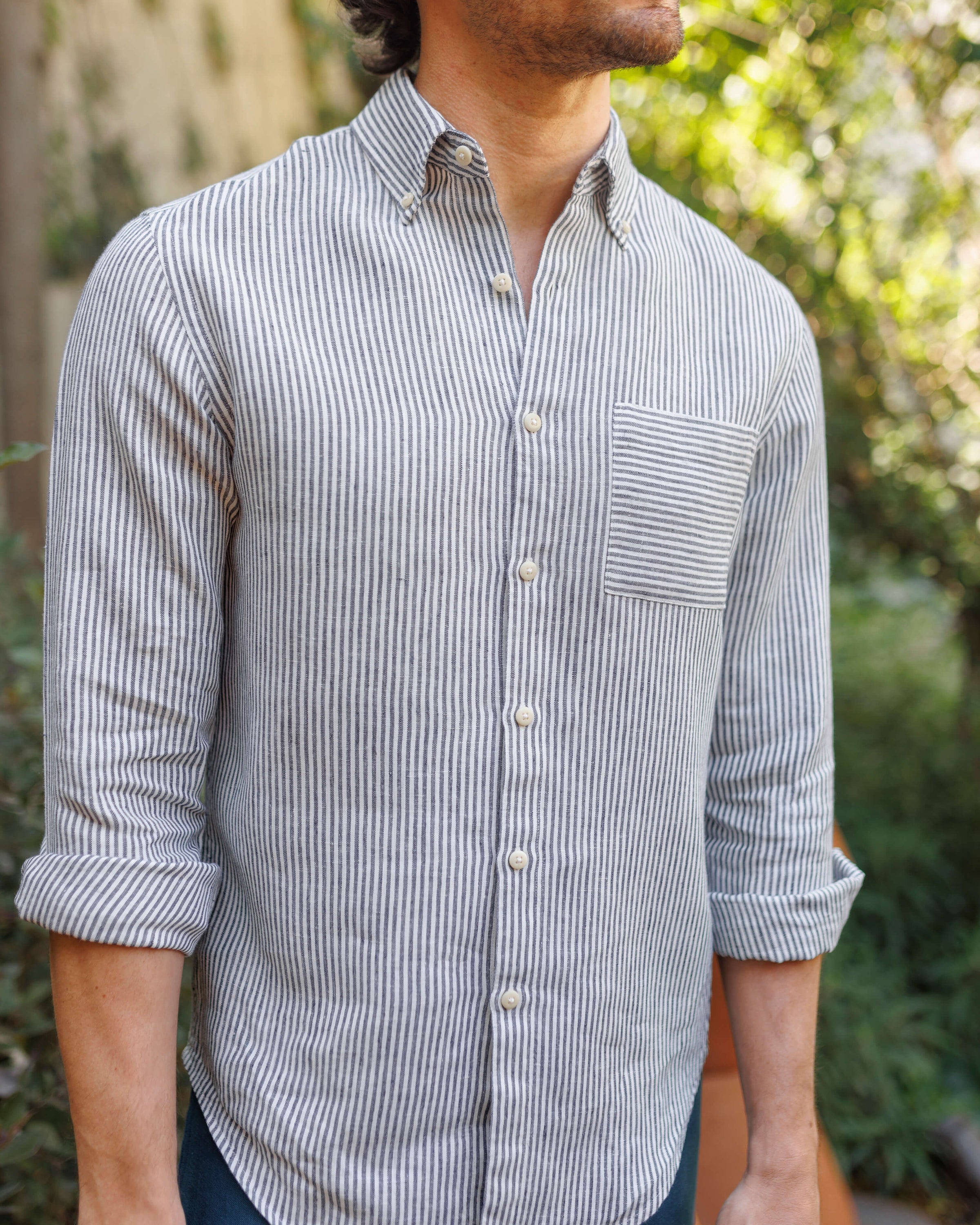 Playa Linen Button-Down Shirt - Sustainable French Linen / Blue and White Stripe Lines