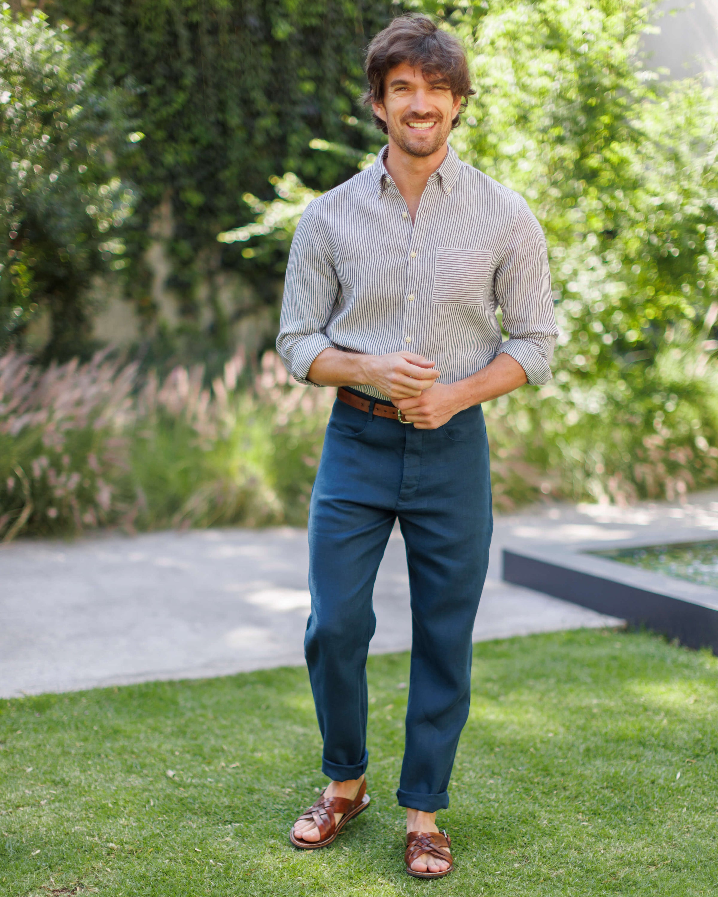 Playa Linen Button-Down Shirt - Sustainable French Linen / Blue and White Stripe Lines