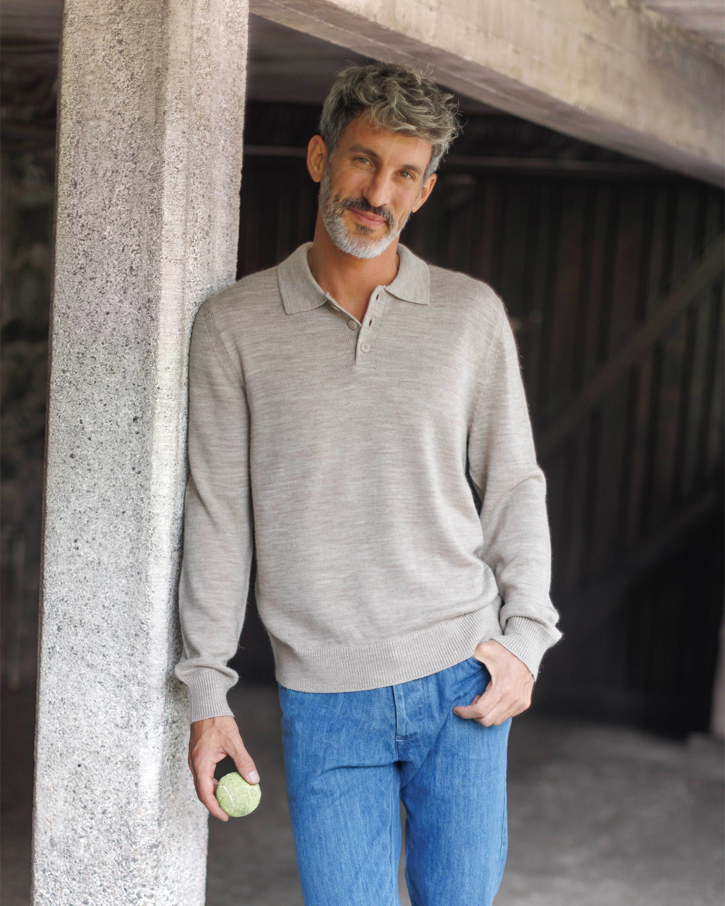 Achor Organic Merino Wool Long Sleeve Polo / Natural Bone