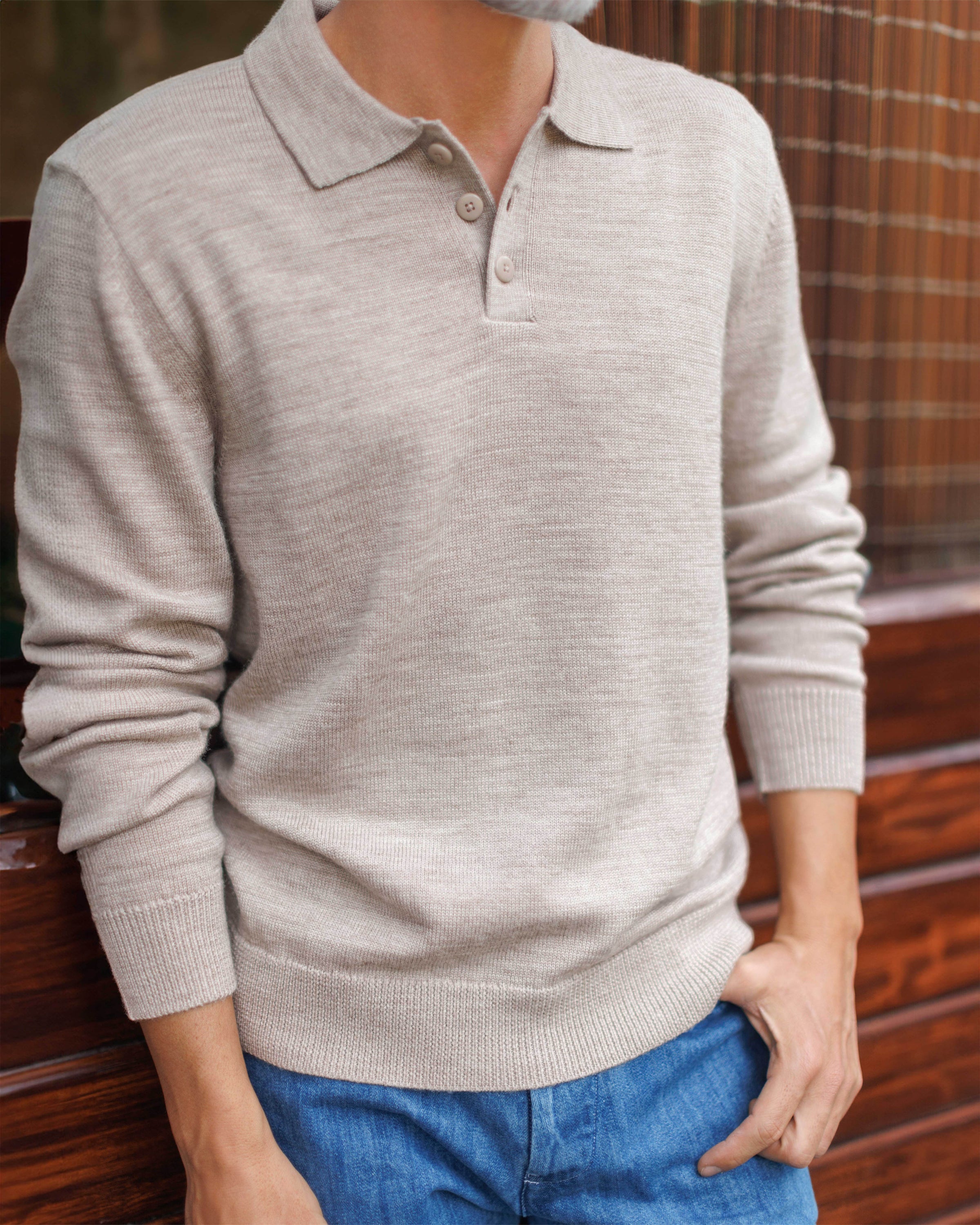 Achor Organic Merino Wool Long Sleeve Polo / Natural Bone