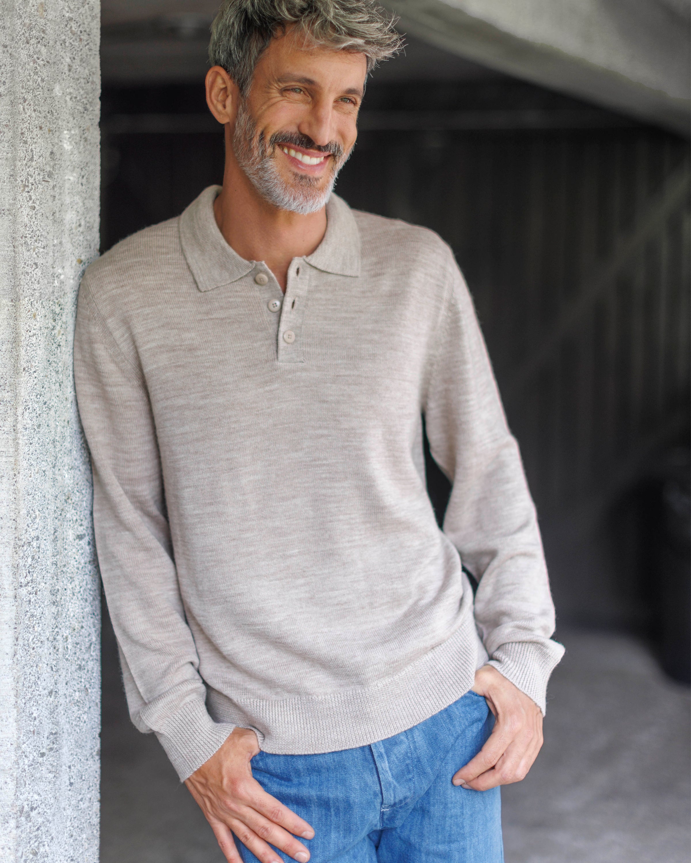 Achor Organic Merino Wool Long Sleeve Polo / Natural Bone