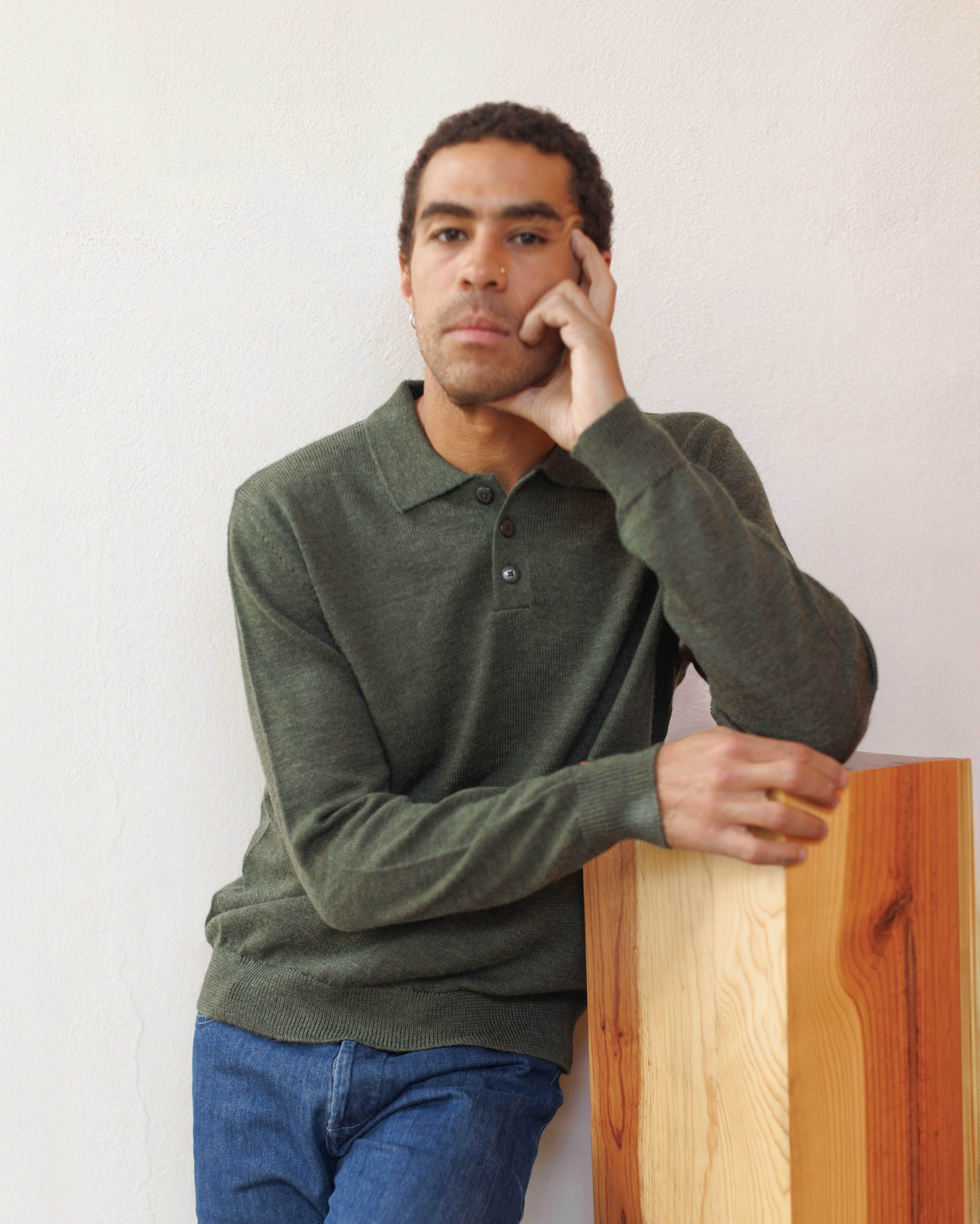 Achor Organic Merino Wool Long Sleeve Polo / Forest Green Pine