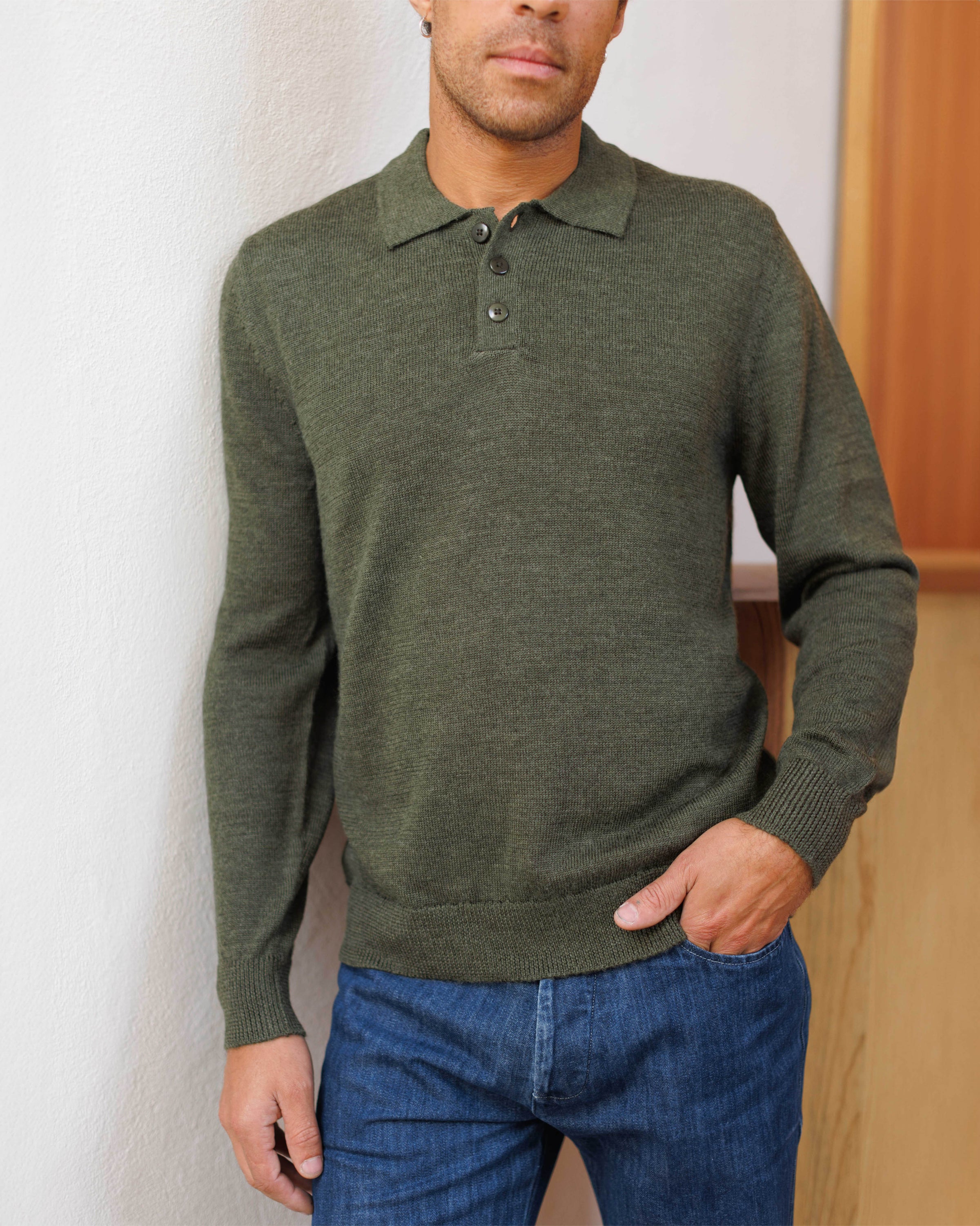 Achor Organic Merino Wool Long Sleeve Polo / Forest Green Pine