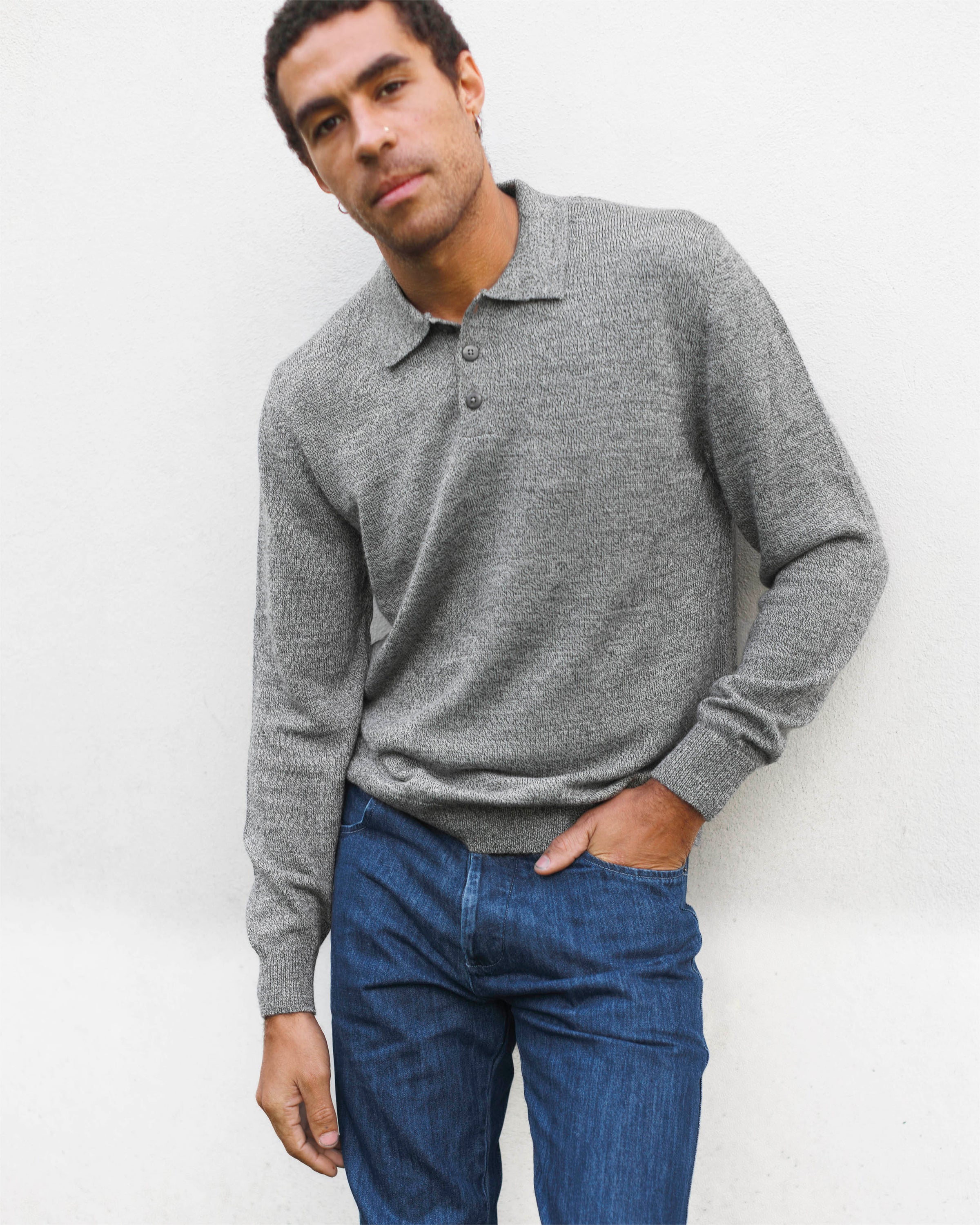 Achor Organic Merino Wool Long Sleeve Polo / Heather Grey Waterfall