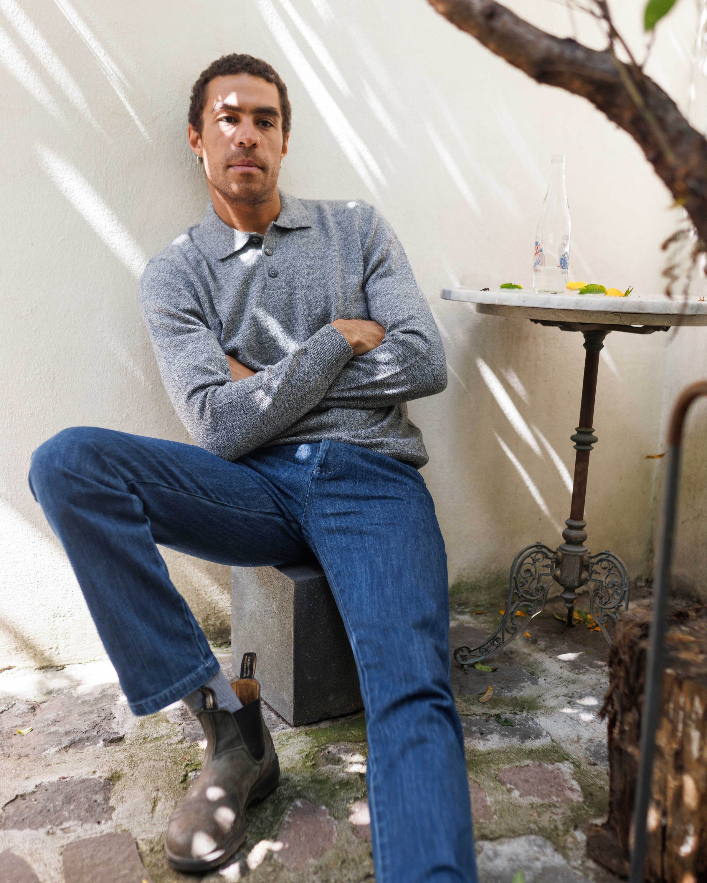 Achor Organic Merino Wool Long Sleeve Polo / Heather Grey Waterfall