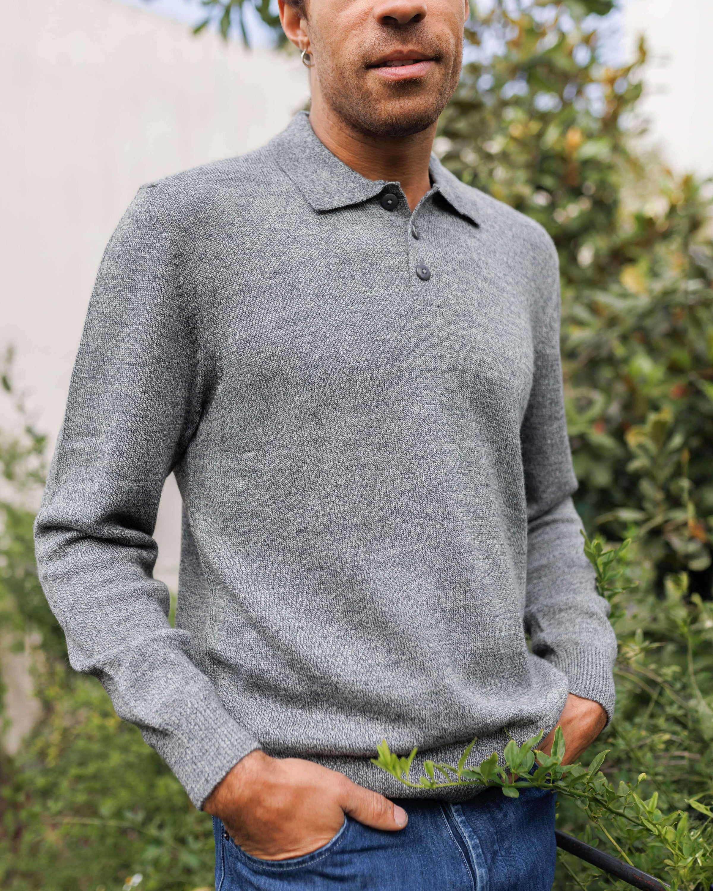 Achor Organic Merino Wool Long Sleeve Polo / Heather Grey Waterfall