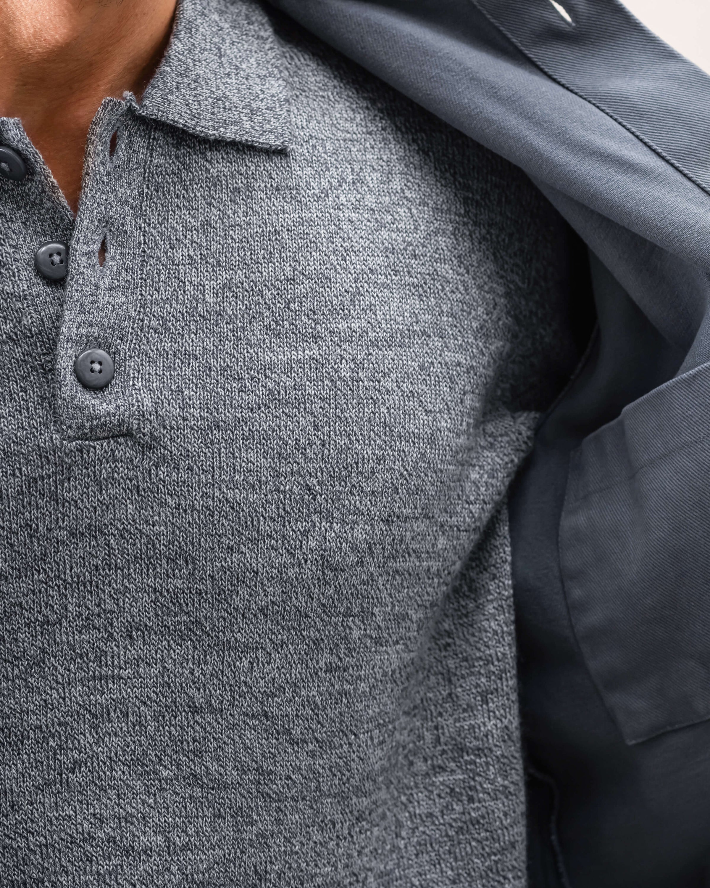 Achor Organic Merino Wool Long Sleeve Polo / Heather Grey Waterfall