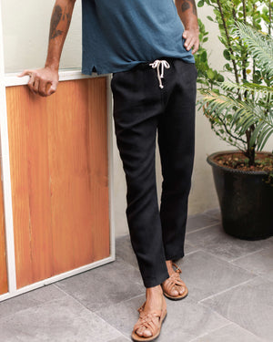 Bo Linen Drawstring Pants - Sustainable French Linen / Black Night
