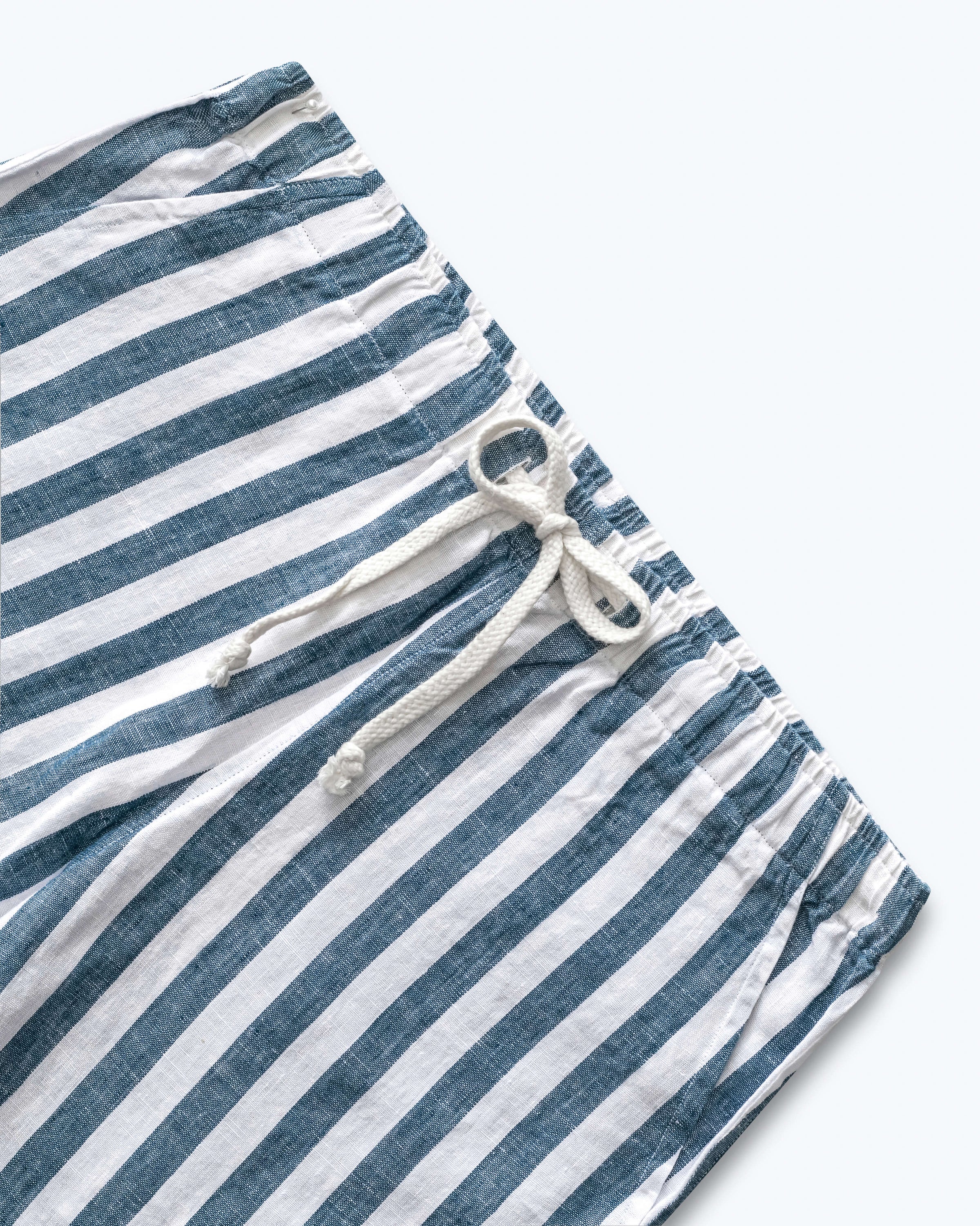 Bo Linen Drawstring Shorts - Sustainable French Linen / Blue and White Thick Stripe Big Wave