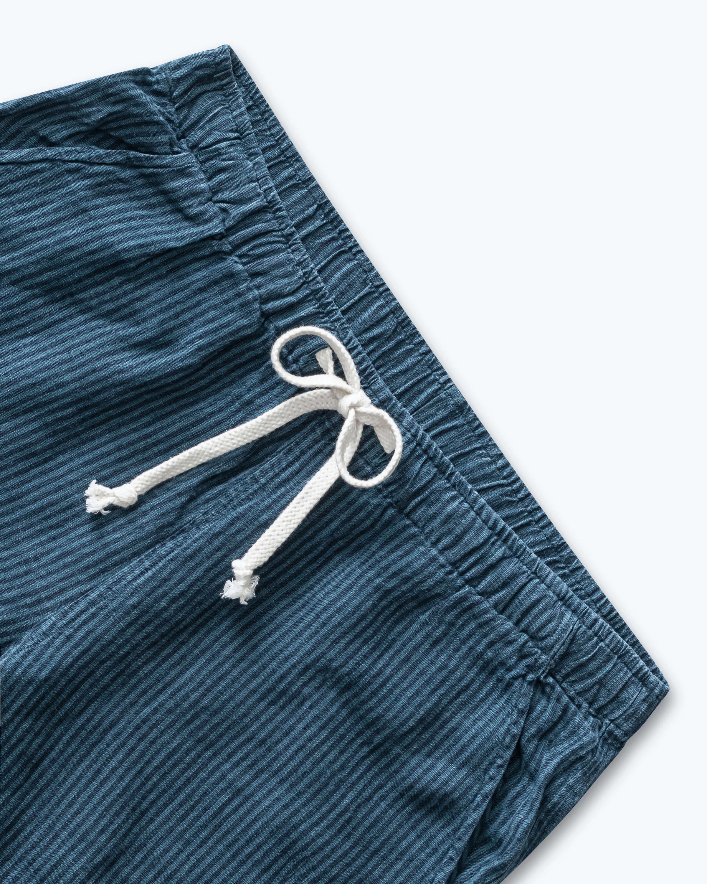 Bo Linen Drawstring Shorts - Sustainable French Linen / Overdye Dusk Blue Stripes Lines