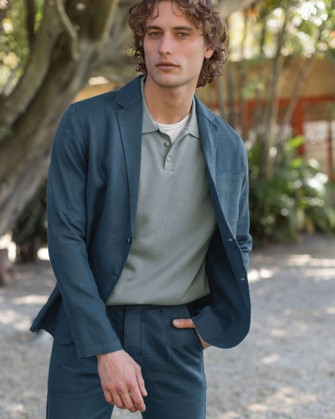 Feather Organic Cotton Knit Long Sleeve Polo / Faded Green