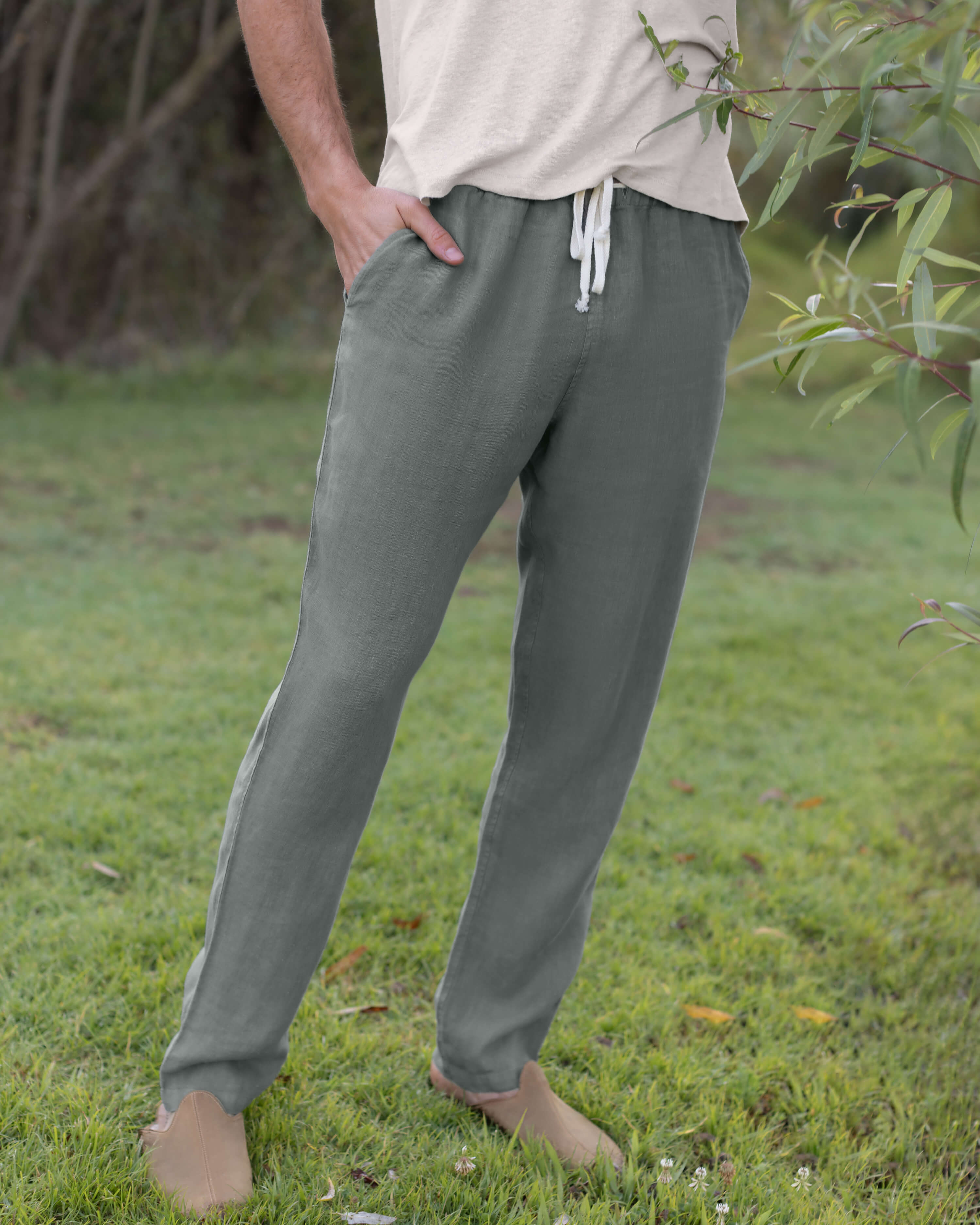 Bo Linen Drawstring Pants - Sustainable French Linen / Faded Green
