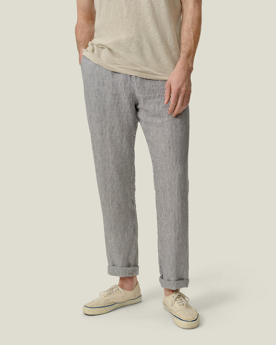 Bo Linen Drawstring Pants - Sustainable French Linen / Blue and White ...
