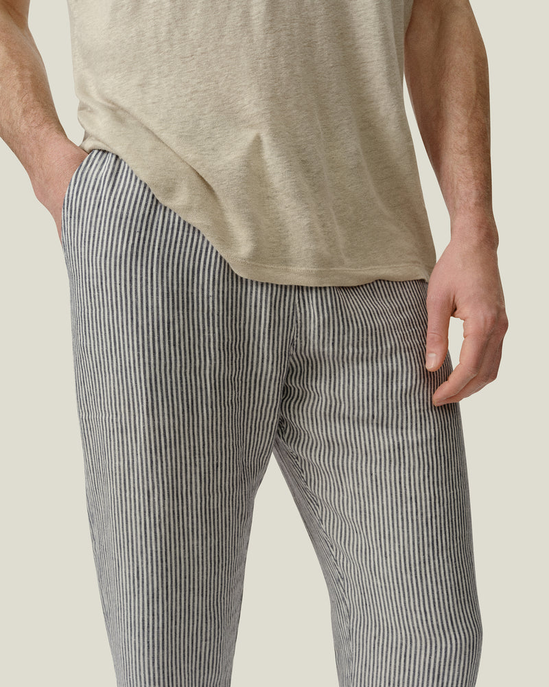 Bo Linen Drawstring Pants - Sustainable French Linen / Blue and White ...