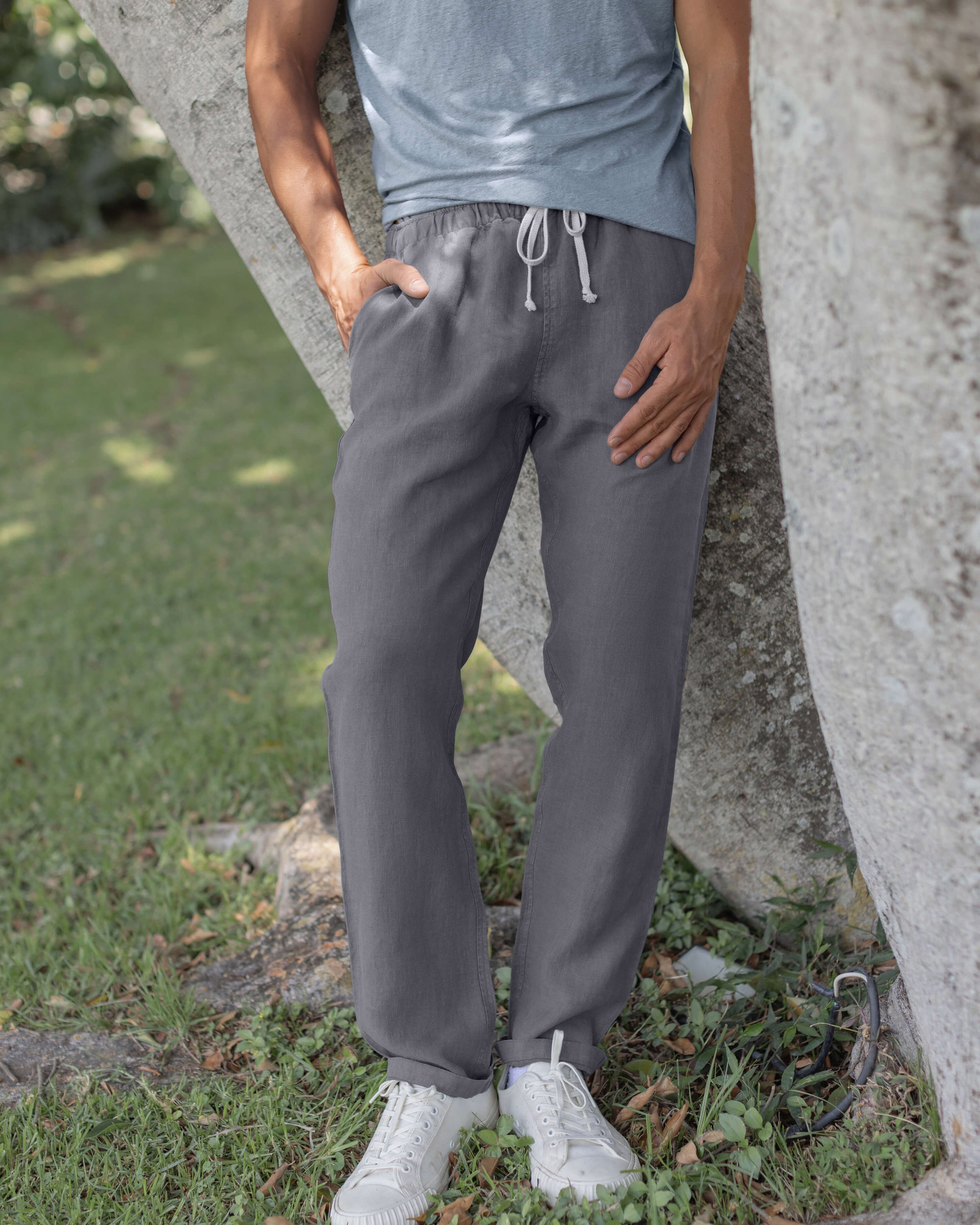 Bo Linen Drawstring Pants - Sustainable French Linen / Faded Grey Slate