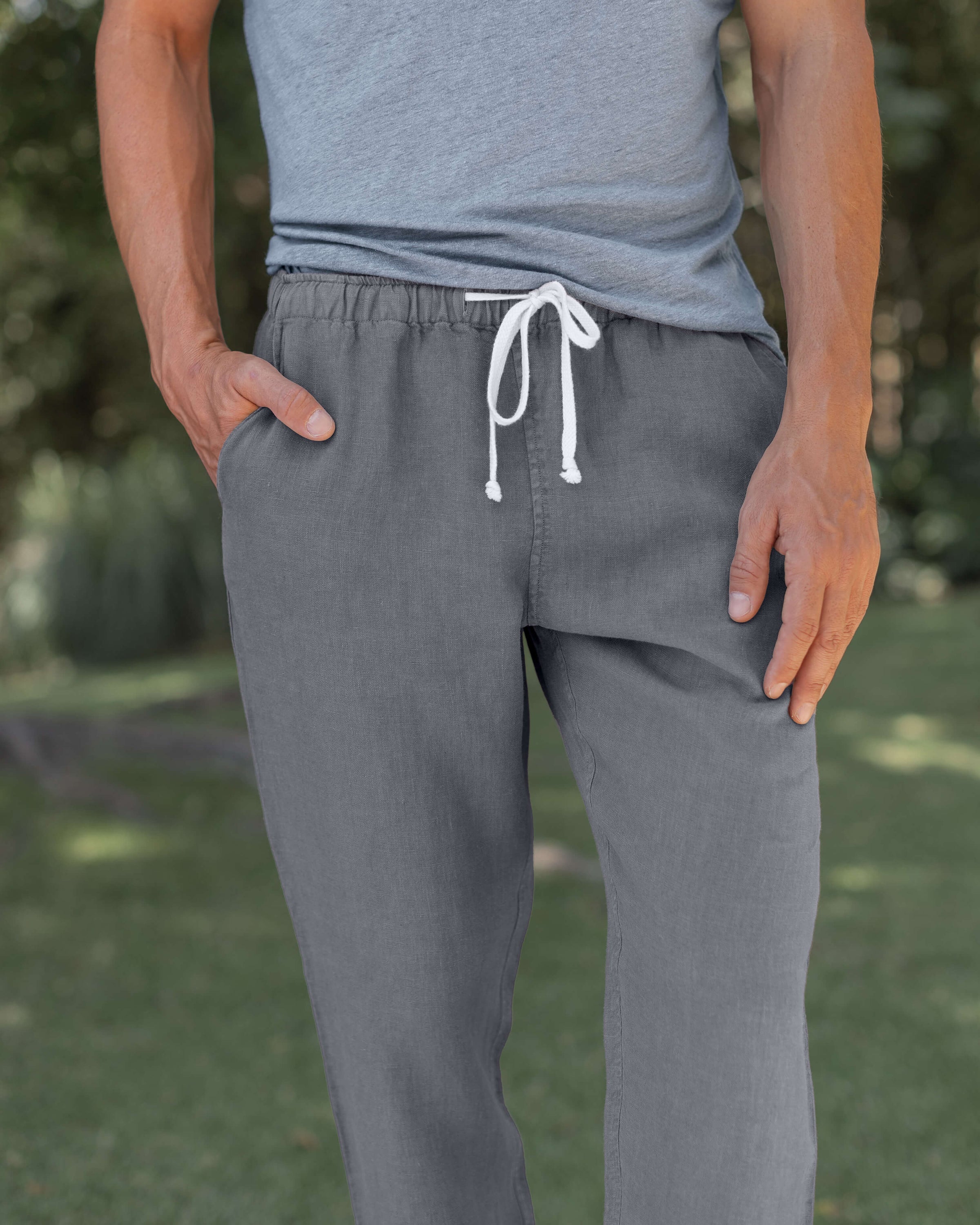 Bo Linen Drawstring Pants - Sustainable French Linen / Faded Grey Slate