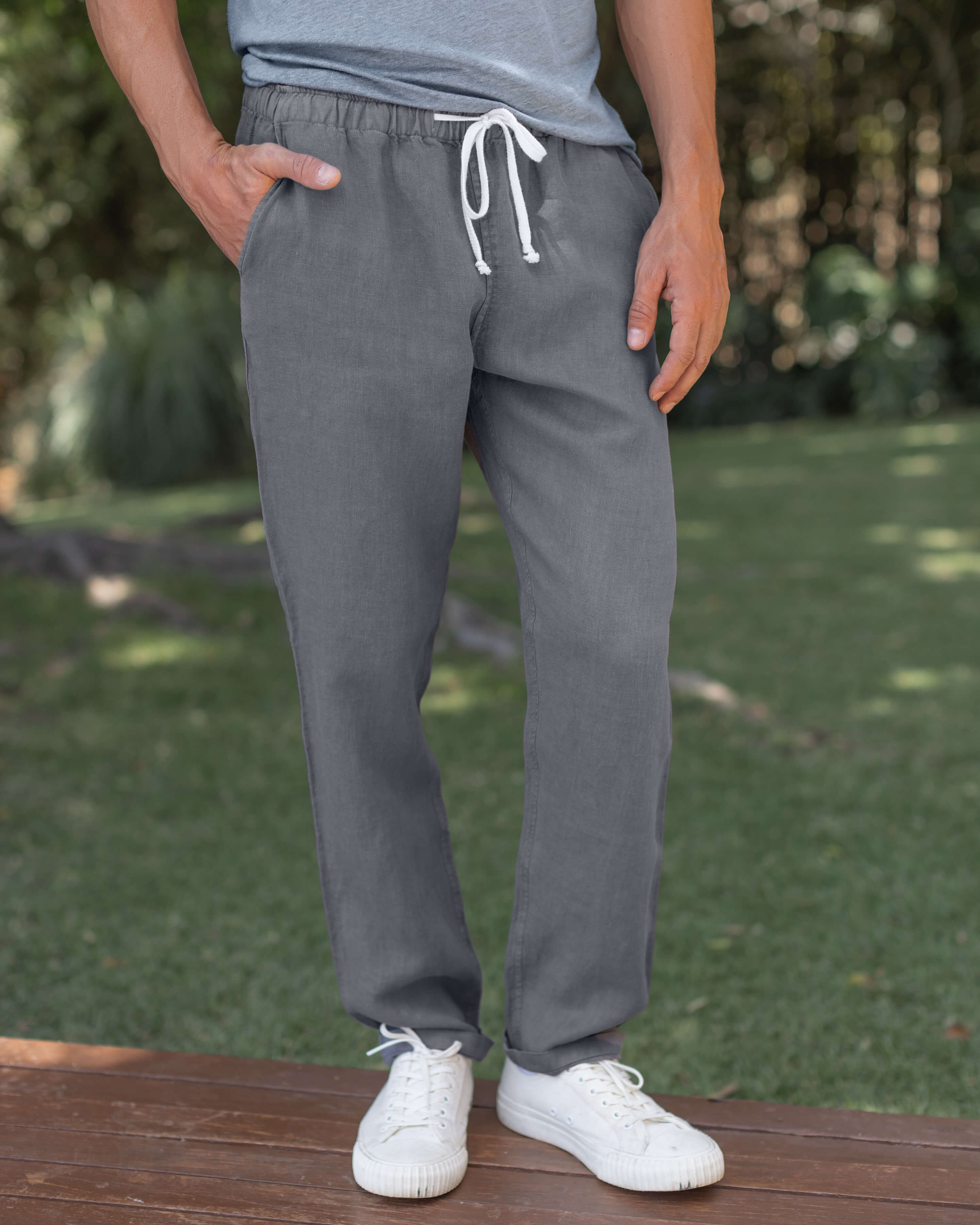 Bo Linen Drawstring Pants - Sustainable French Linen / Faded Grey