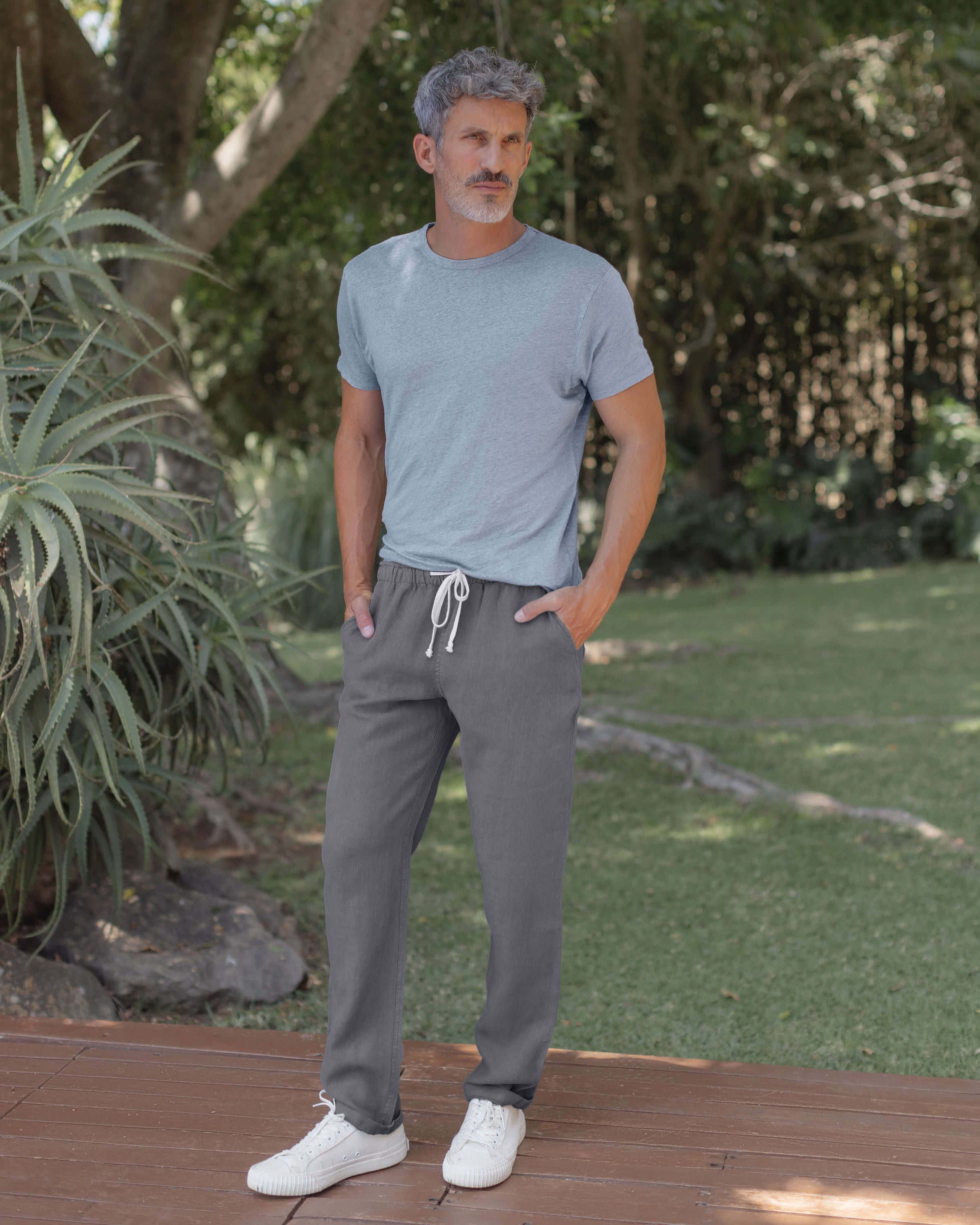 Bo Linen Drawstring Pants - Sustainable French Linen / Faded Grey Slate