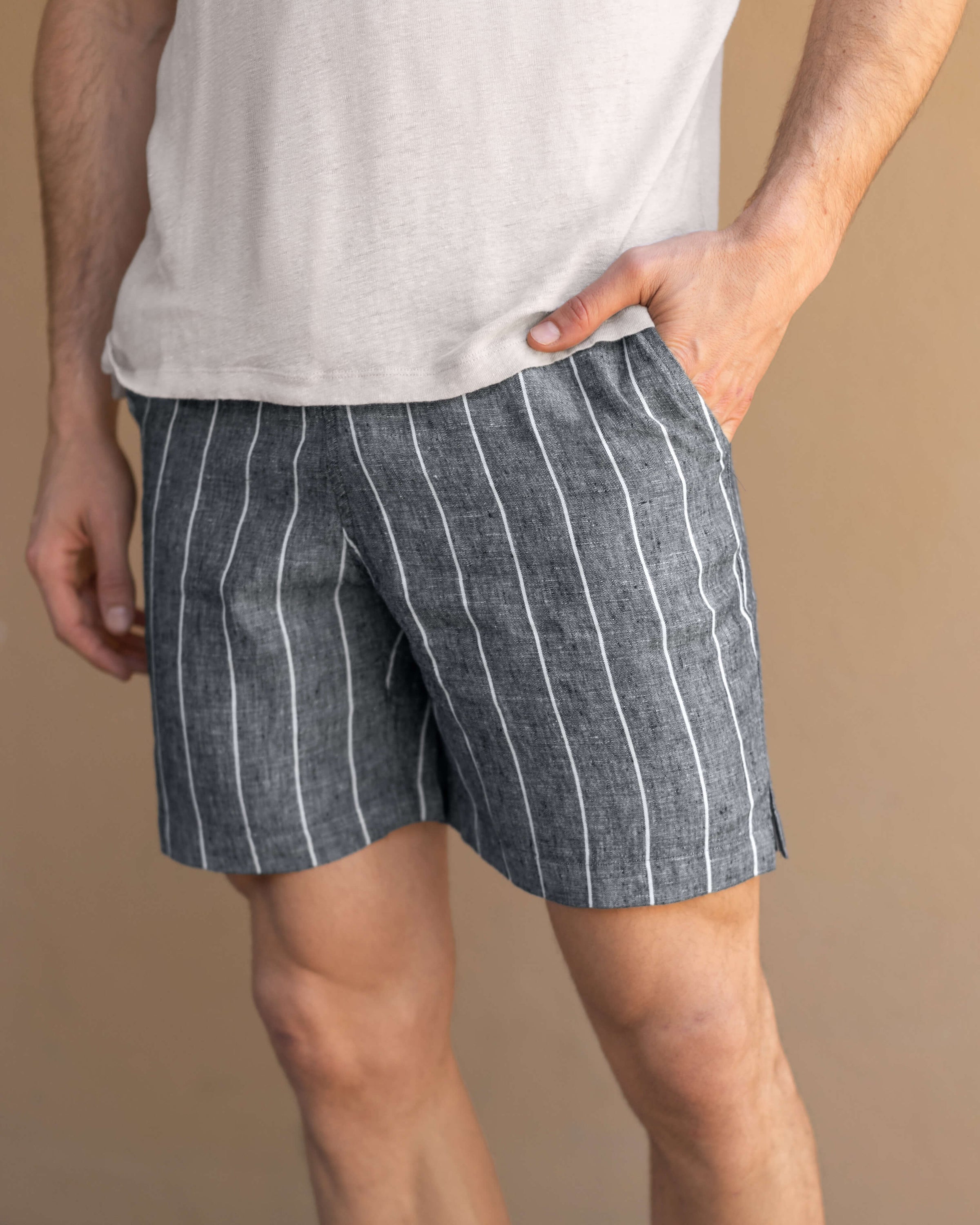 Bo Linen Drawstring Shorts - Sustainable French Linen / Chalk Stripe
