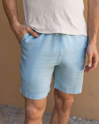 Bo Linen Drawstring Shorts - Sustainable French Linen / Heather Blue Sky