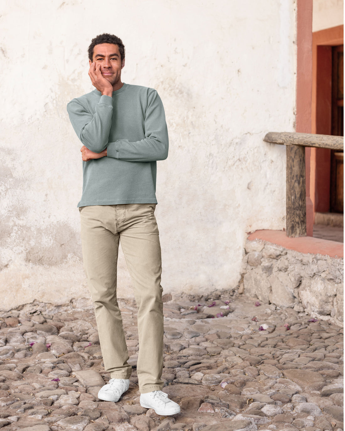 Caza Slubbly Organic Cotton Crewneck Sweatshirt / Faded Green