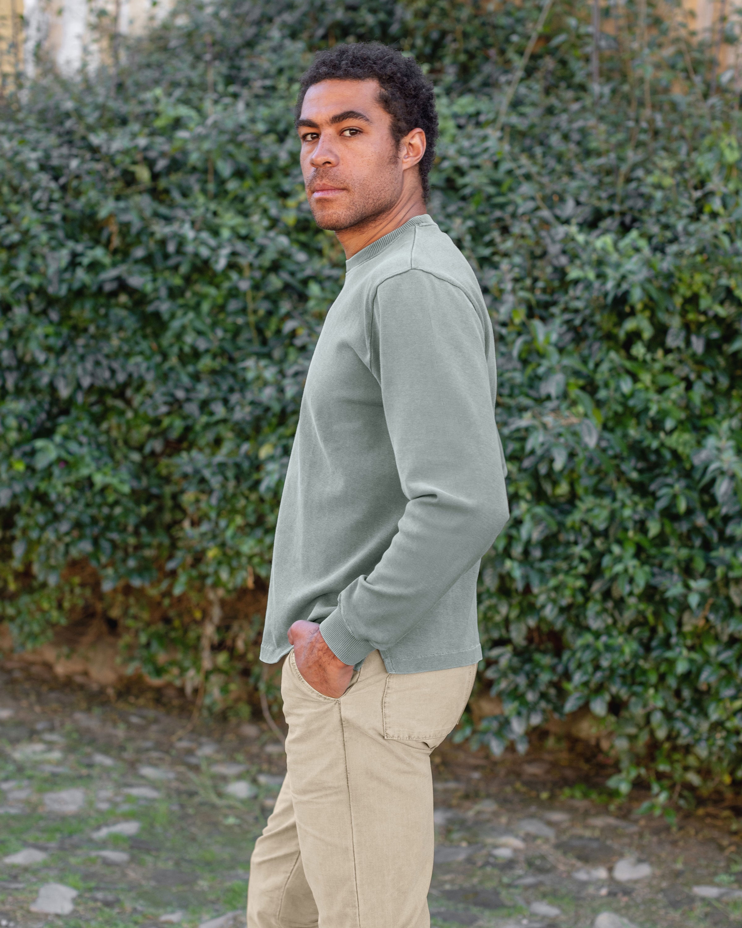Caza Slubbly Organic Cotton Crewneck Sweatshirt / Faded Green