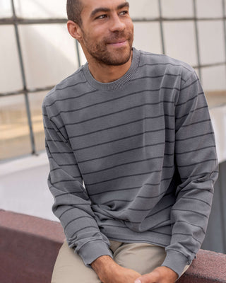 Caza Slubbly Organic Cotton Crewneck Sweatshirt / Striped Faded Grey and Dark Grey Slate Rio