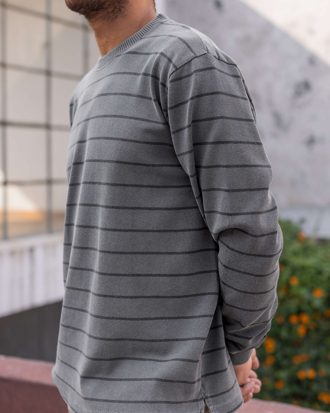 Caza Slubbly Organic Cotton Crewneck Sweatshirt / Striped Faded Grey and Dark Grey Slate Rio