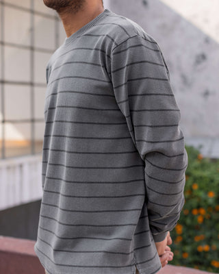 Caza Slubbly Organic Cotton Crewneck Sweatshirt / Striped Faded Grey and Dark Grey Slate Rio